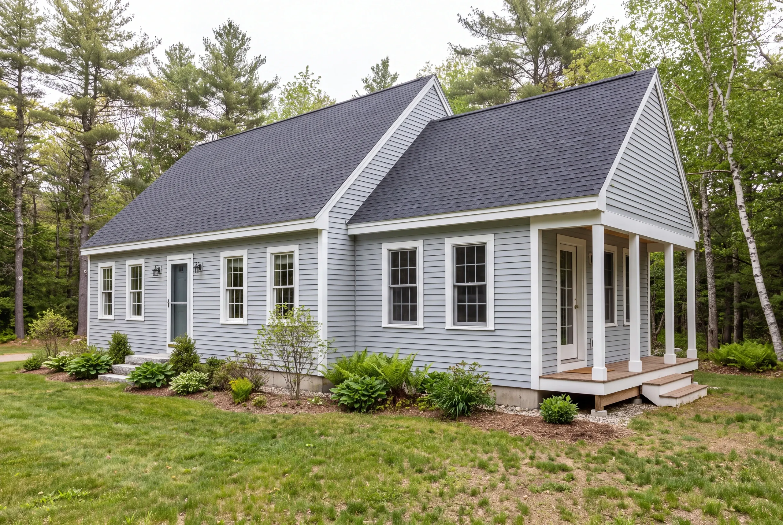Exterior view of a gray sided house with a black shingled roof and front porch surrounded by trees and lawn.