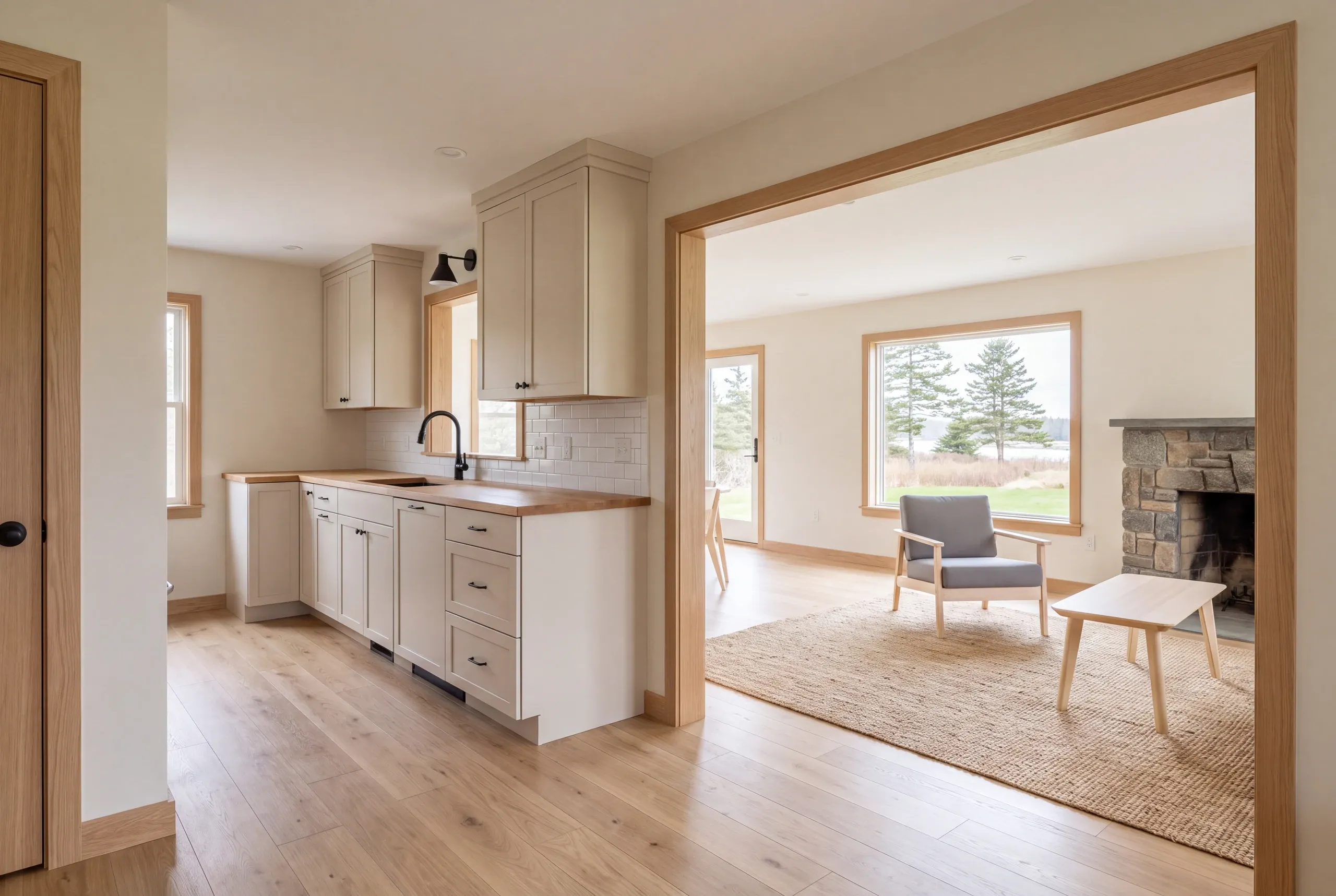 A newly remodeled kitchen with light cabinetry and wood countertops opens through a wide doorway into a finished living room with hardwood floors and a stone fireplace.