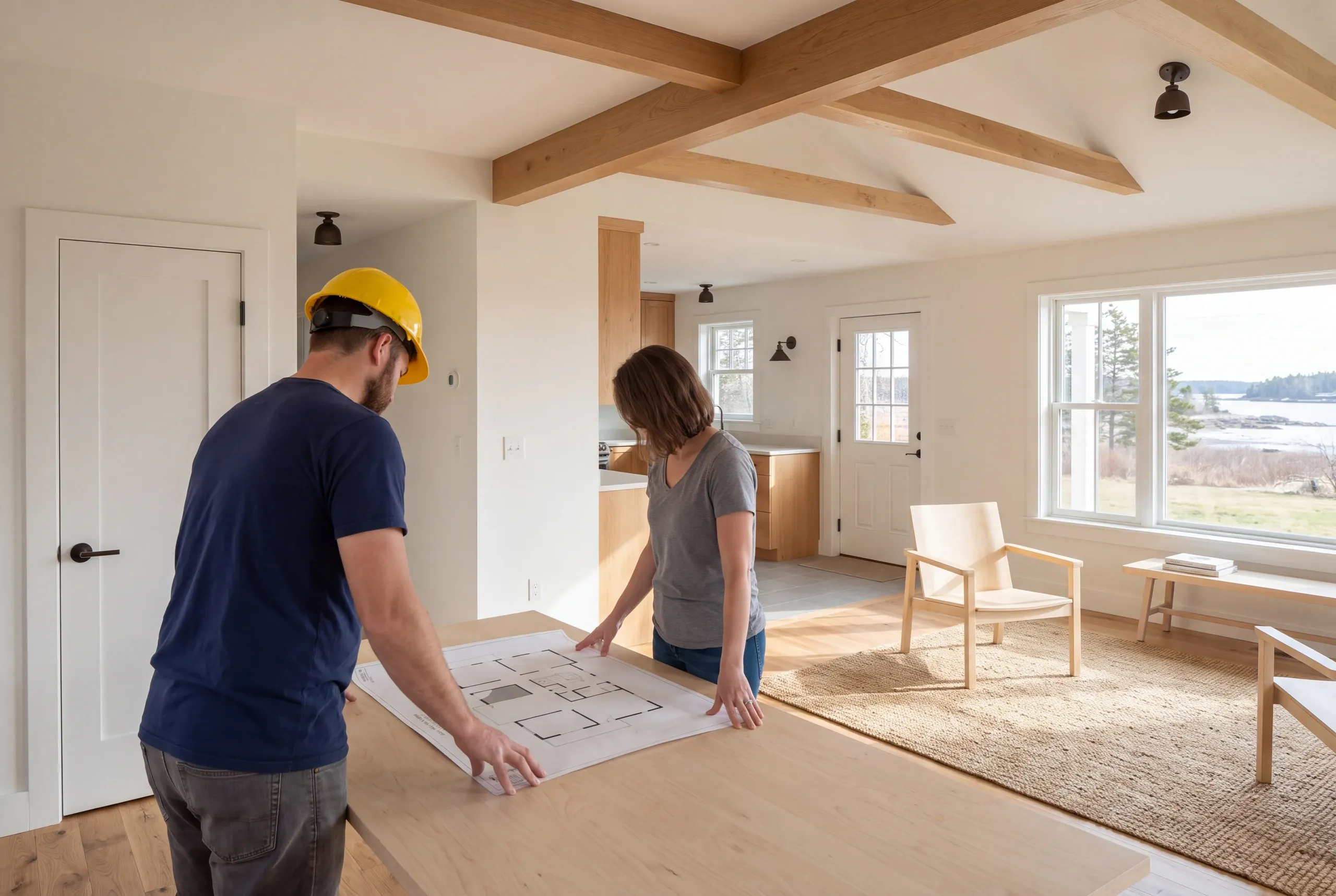 A man wearing a hard hat and a woman stand together at a wooden counter, reviewing architectural blueprints inside a bright room with exposed wooden beams.