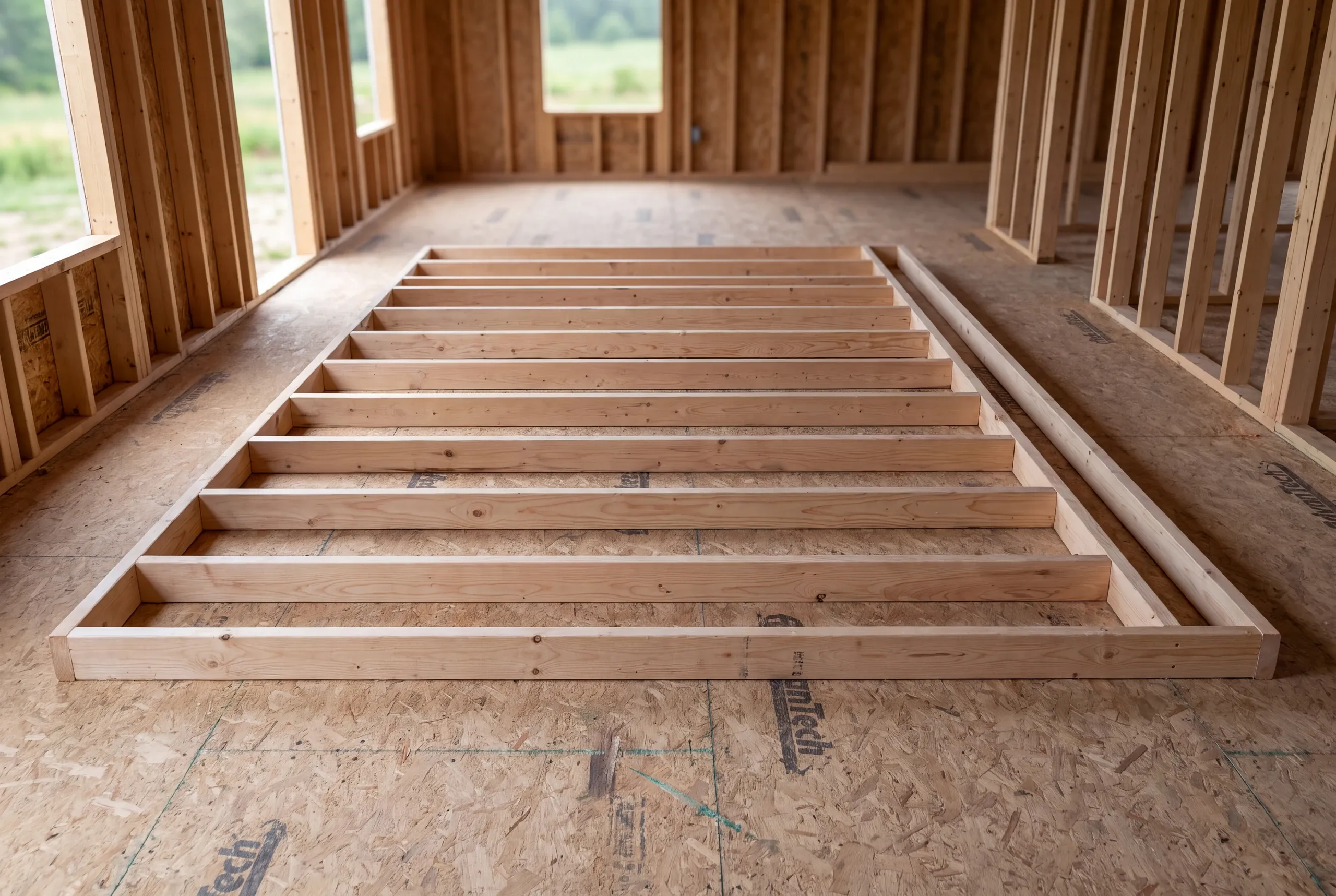 A newly constructed rectangular wooden wall frame lies flat on a subfloor inside an unfinished framed room.