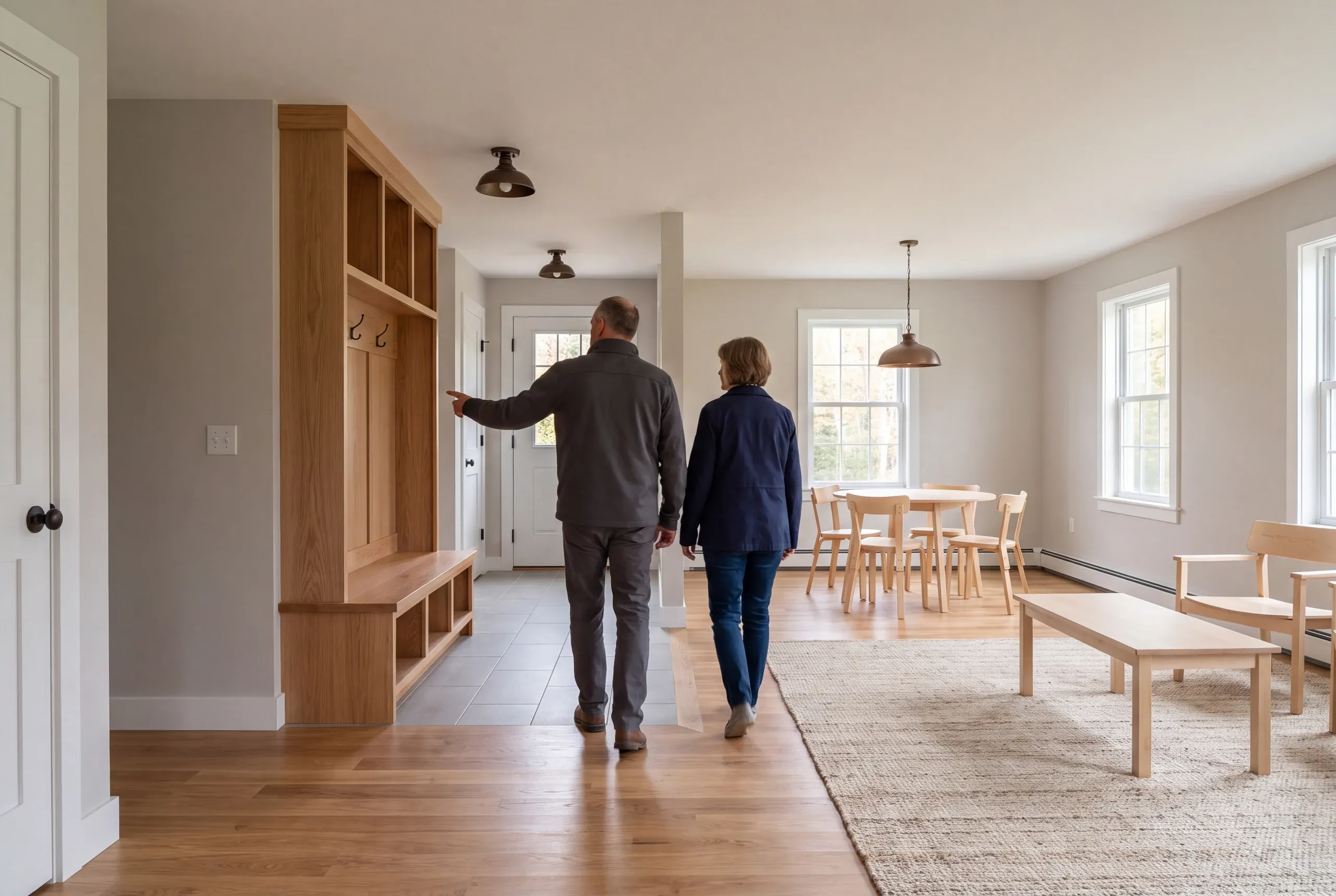 Two adults are seen from behind walking through a finished interior space with wood flooring and built-in cabinetry.