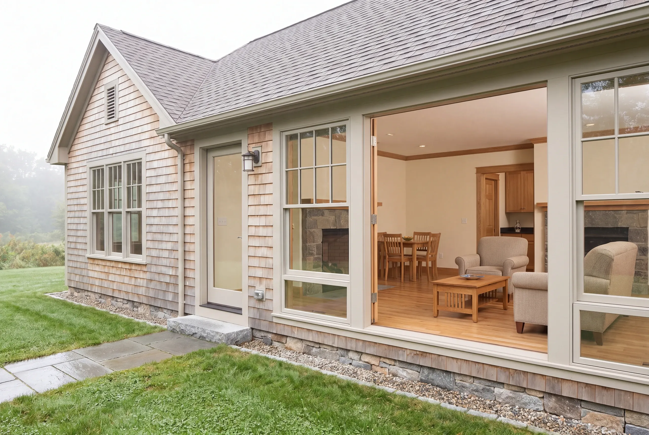 An exterior view of a shingled home showing an open entryway looking into a furnished living and dining space.