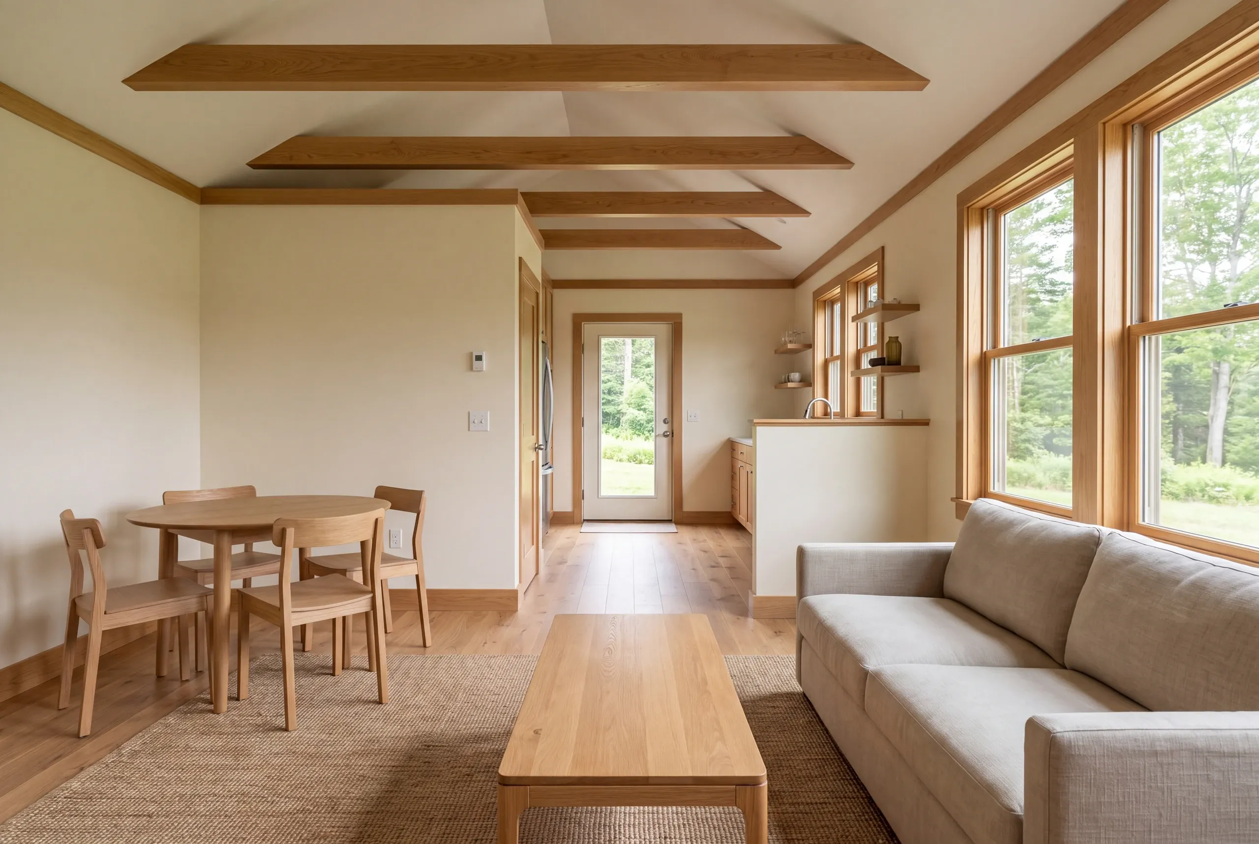 Interior view of a finished living and dining area with wooden ceiling beams, hardwood floors, a sofa, coffee table, and dining set.