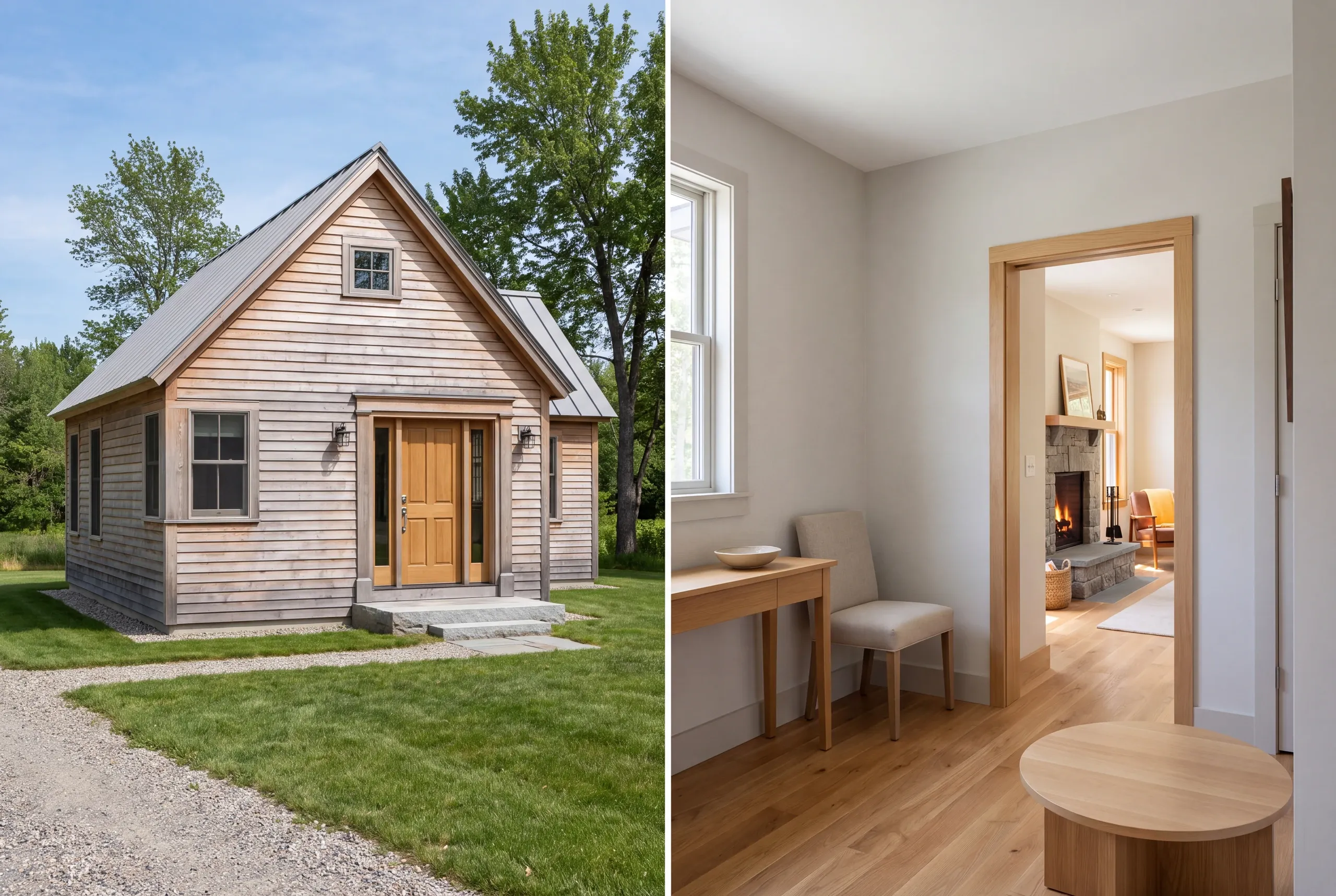 A split image shows an exterior view of a small wooden home with a metal roof on the left and an interior hallway with a wooden doorway looking into a living room with a fireplace on the right.