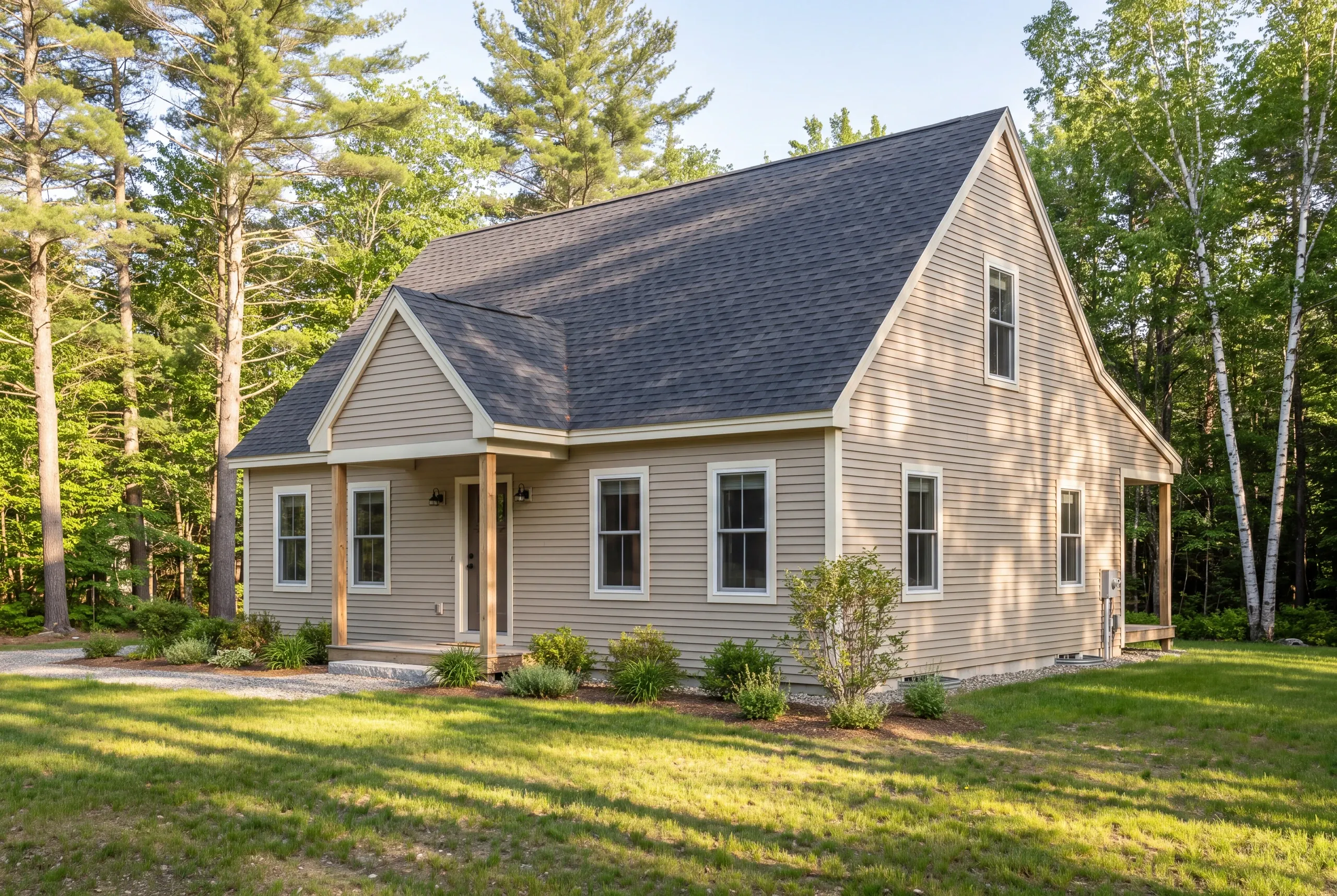A two-story tan sided house with a dark shingle roof stands surrounded by tall green trees and a grassy lawn.