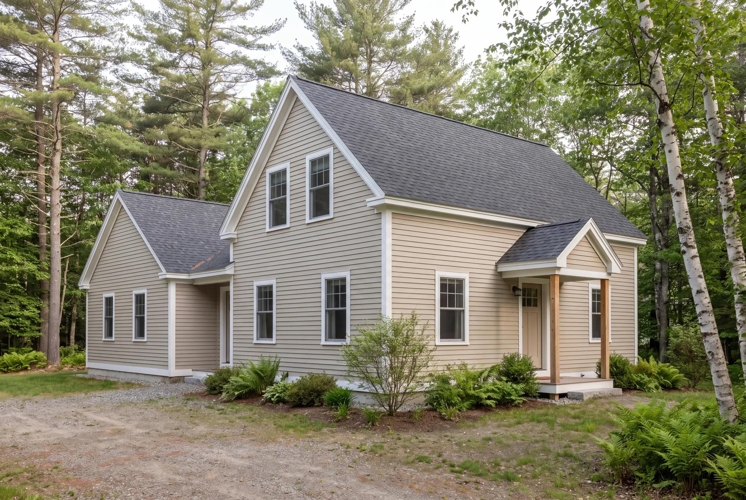 A two-story tan house with a dark shingle roof and white trim is surrounded by trees and greenery.