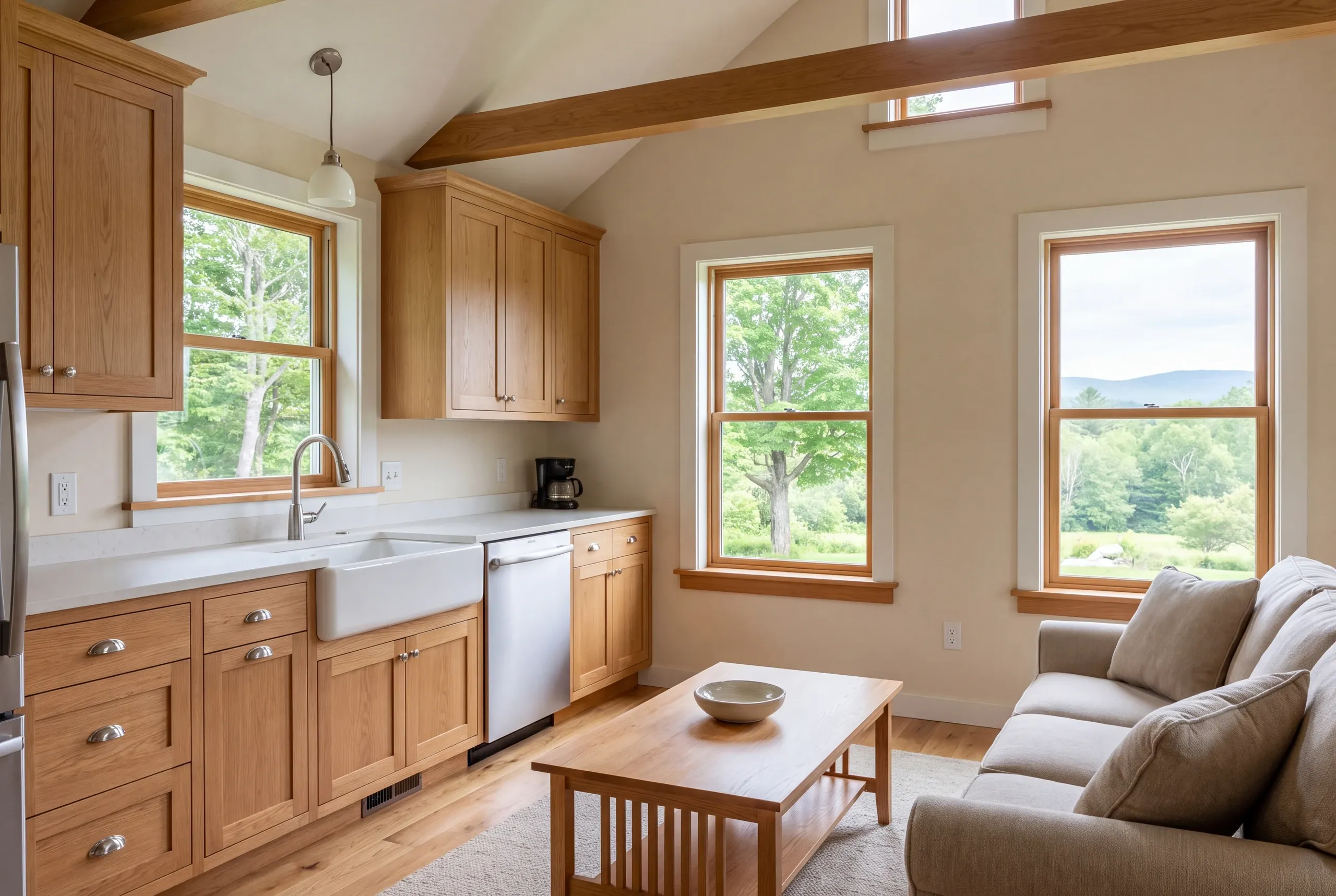 A remodeled kitchen features natural wood cabinets, a farmhouse sink, and white countertops adjacent to a living space with a beige sofa and coffee table.