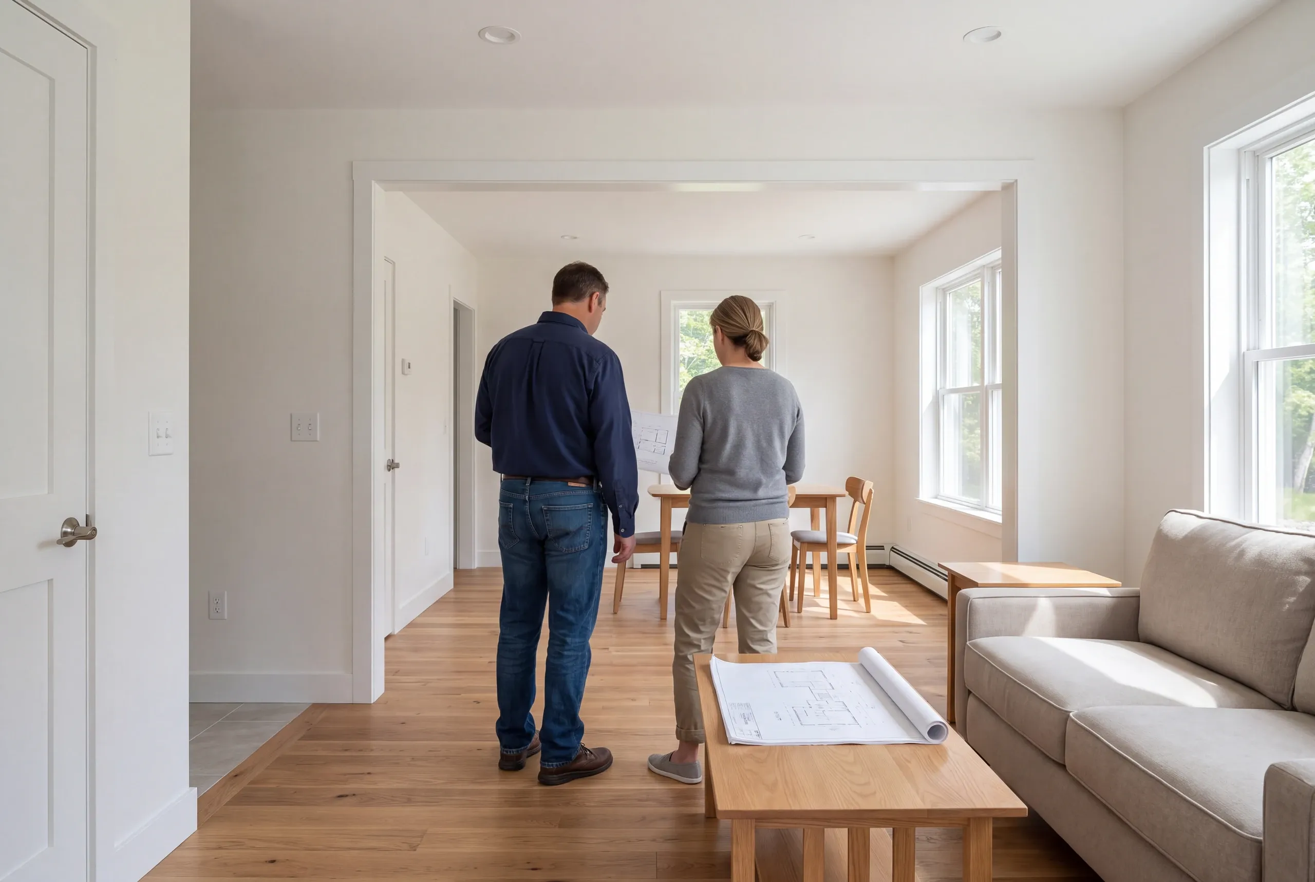 Two adults stand from behind in a furnished room looking at blueprints together.
