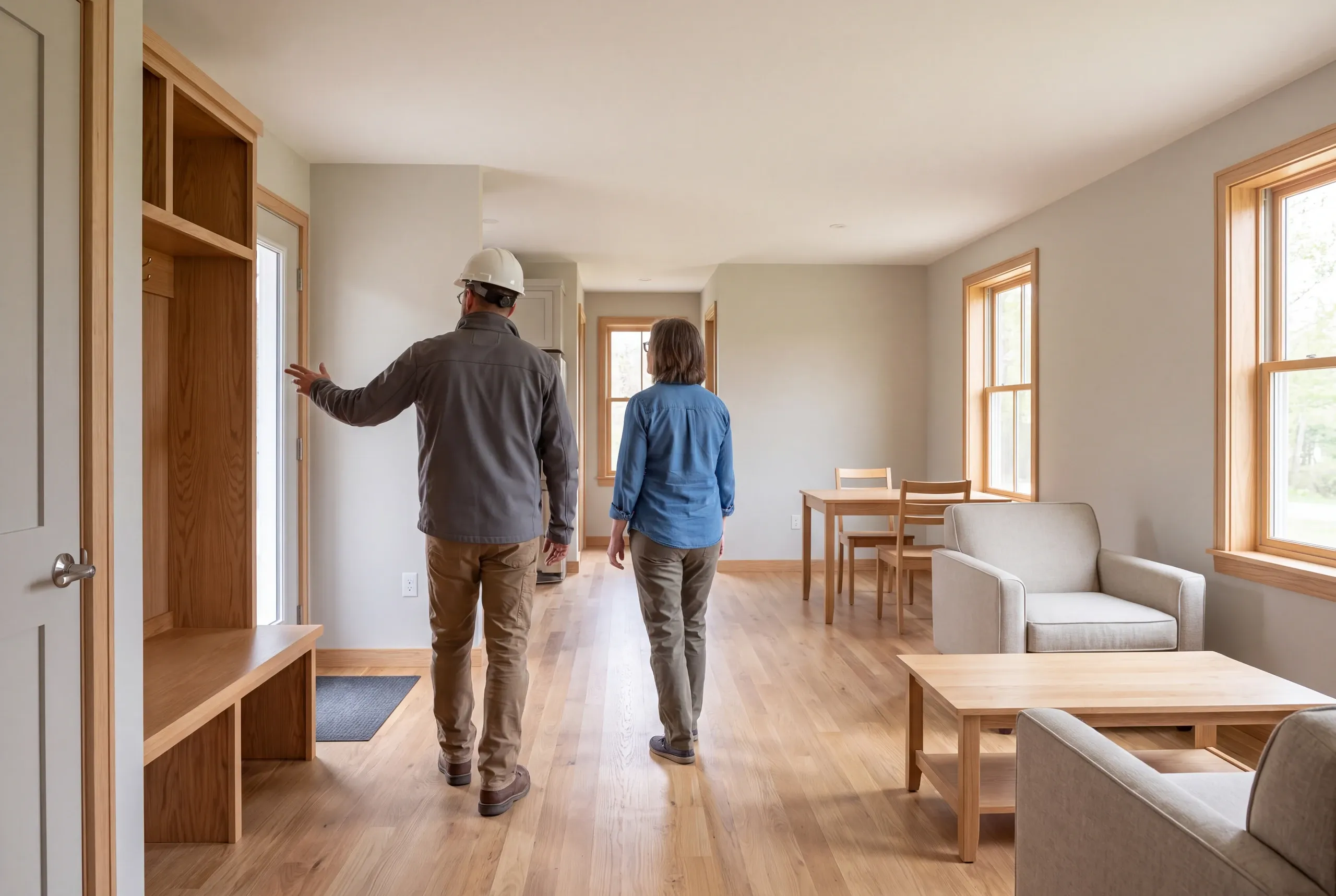 Two adults seen from behind walking through a furnished interior room with wooden trim and flooring.