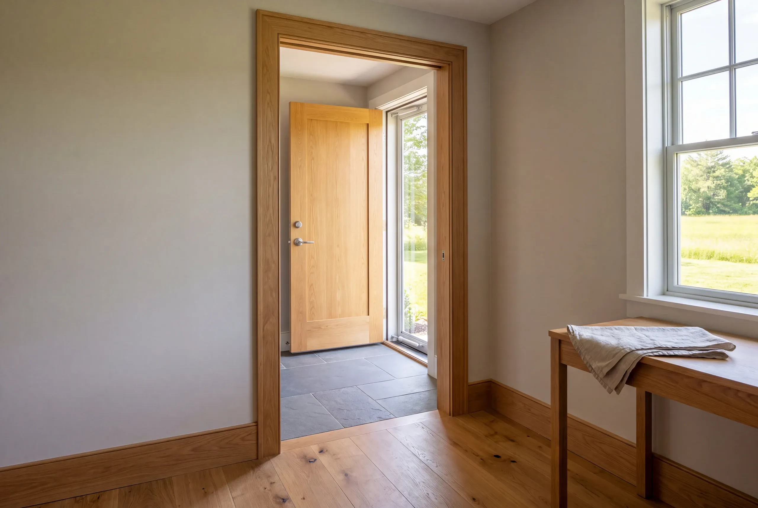 Interior view showing a wooden doorway framing a transition from a hardwood floor to a tiled entryway with an open wooden door.
