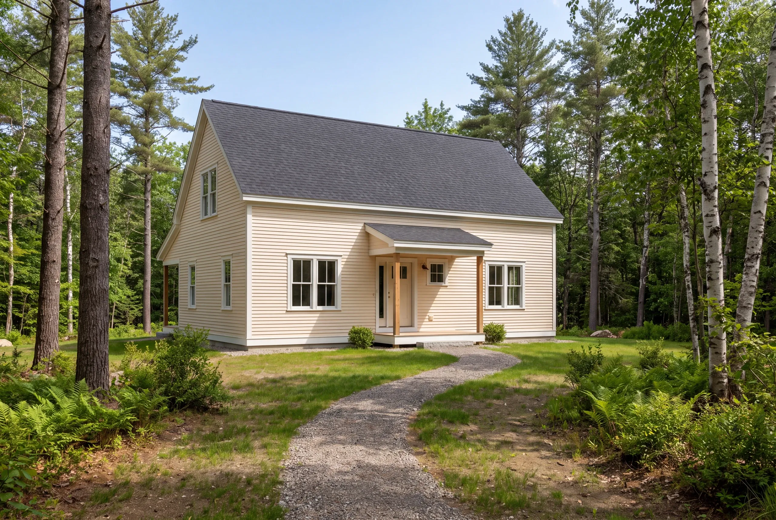 A two-story light yellow house with a dark shingled roof stands surrounded by trees with a gravel path leading to the front entry.