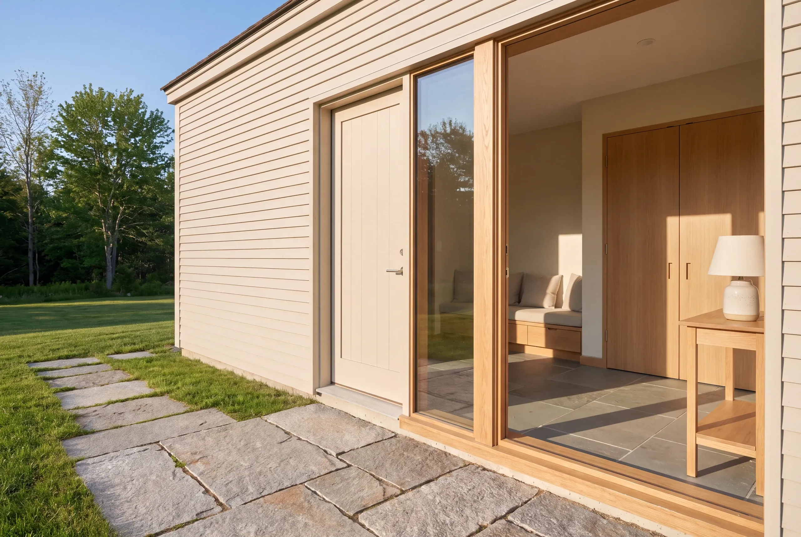 Exterior view showing a building with light siding, a stone pathway, and a large sliding glass door opening to a finished room with wooden cabinets.