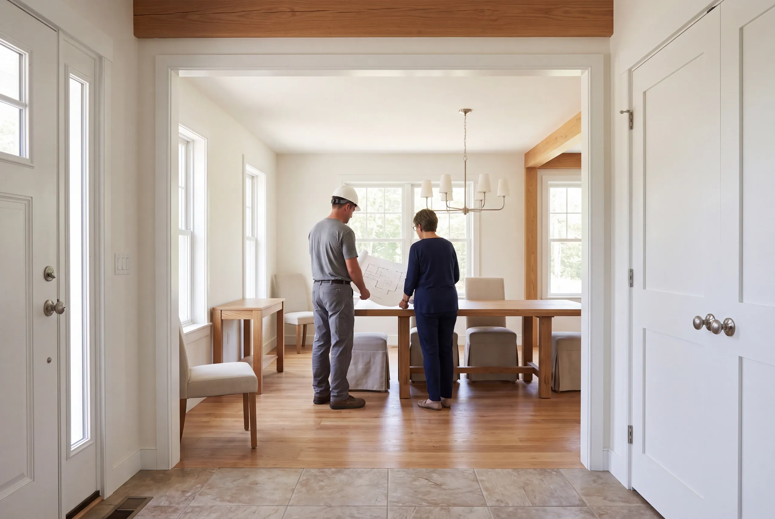 A builder in a hard hat and a homeowner stand in a bright open-plan room reviewing a blueprint together.