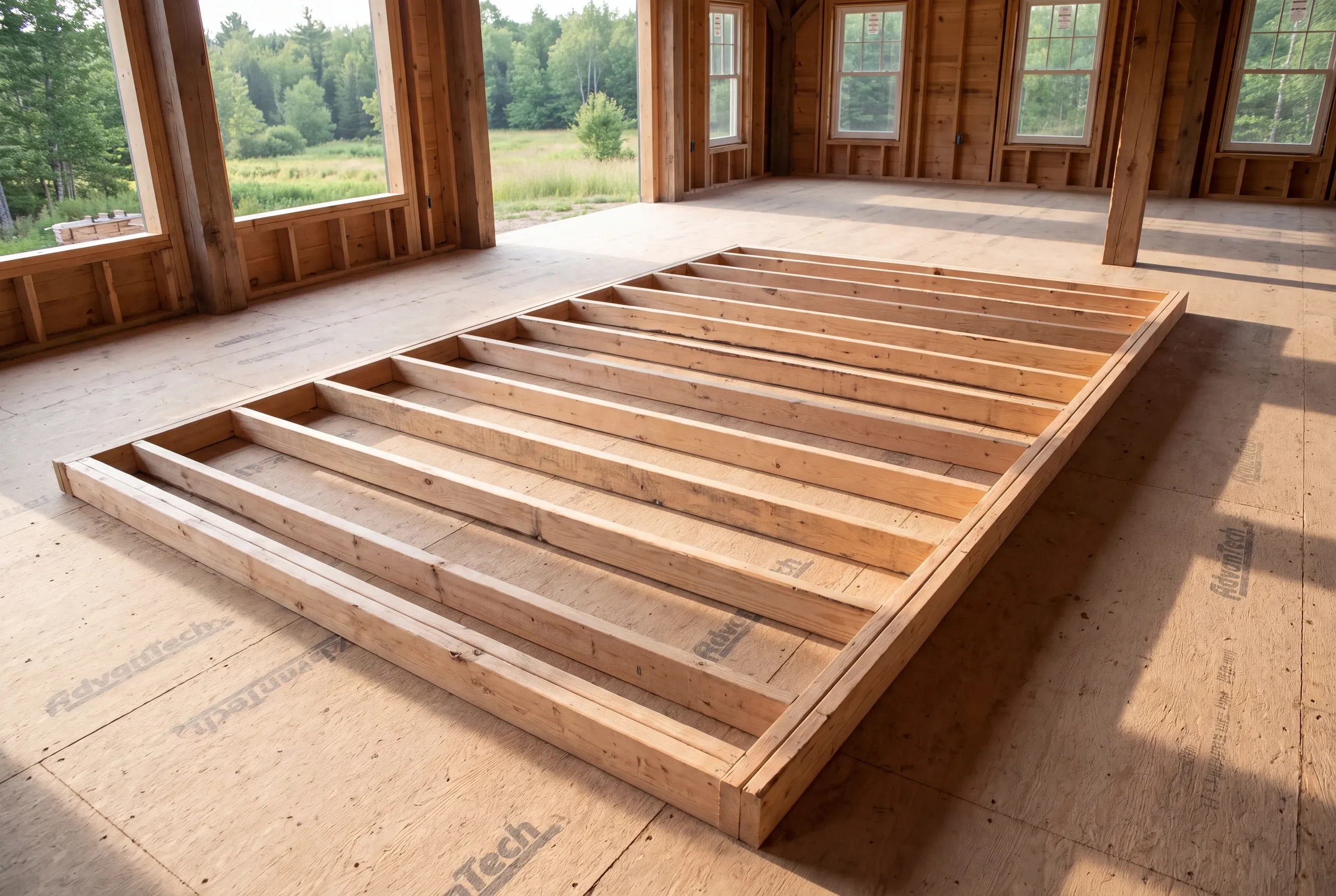 A wooden wall frame lies flat on a subfloor inside an unfinished building with large windows.