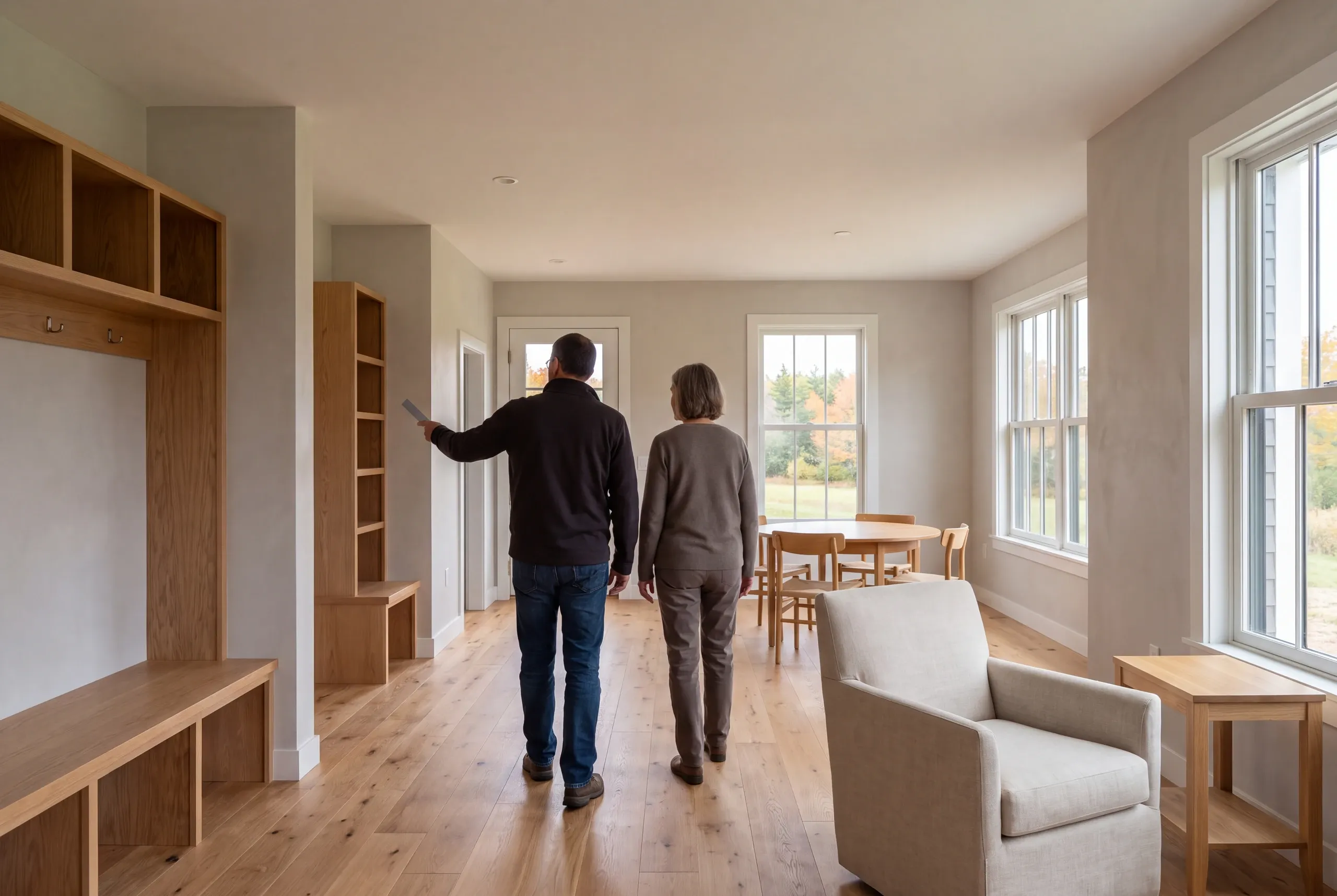 Two adults seen from behind walk through a finished room with hardwood floors, a built-in wooden shelving unit, a dining area, and a large armchair.
