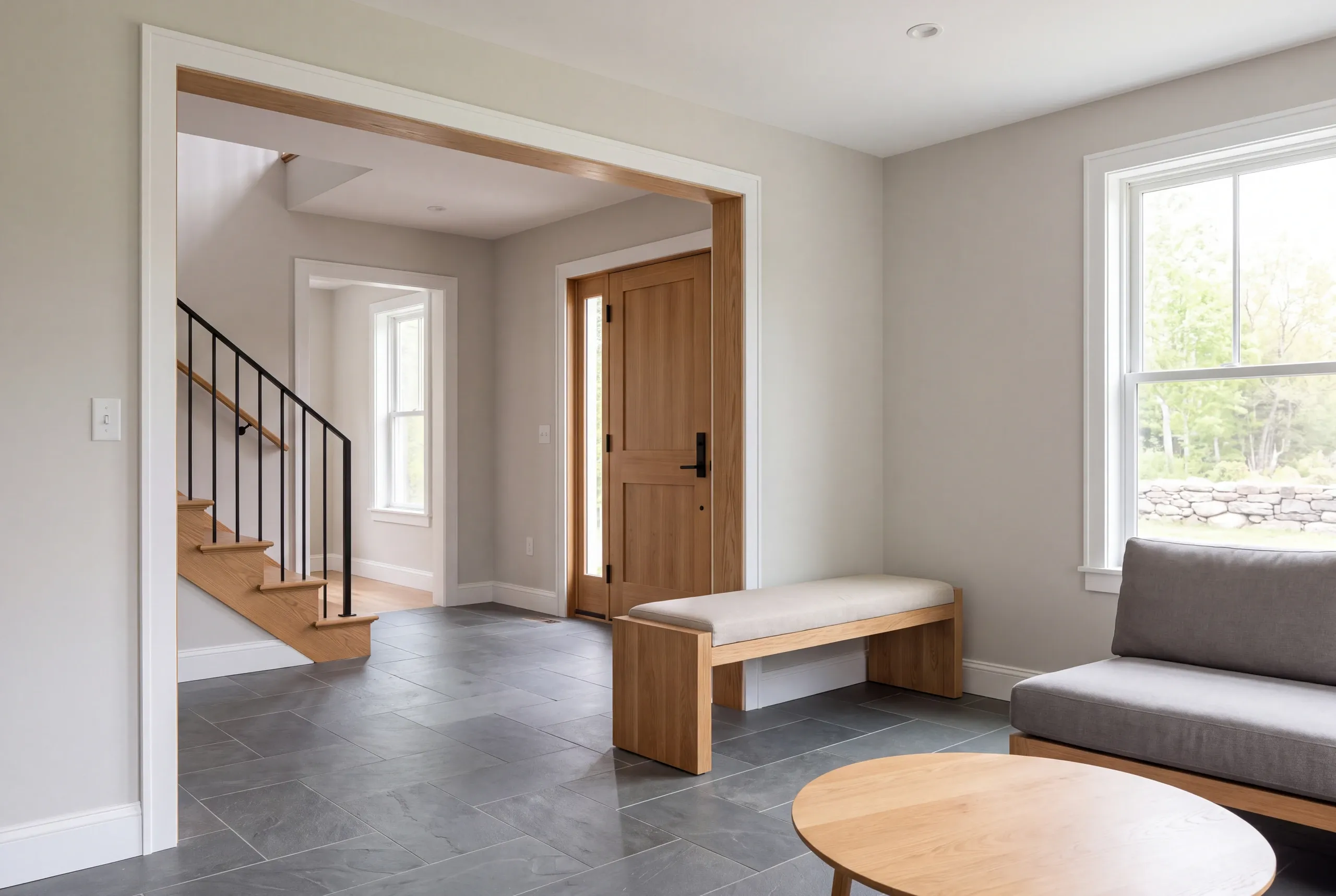Interior view of a finished entryway with dark tile flooring, a wooden bench, a staircase with black metal railing, and wooden front doors.