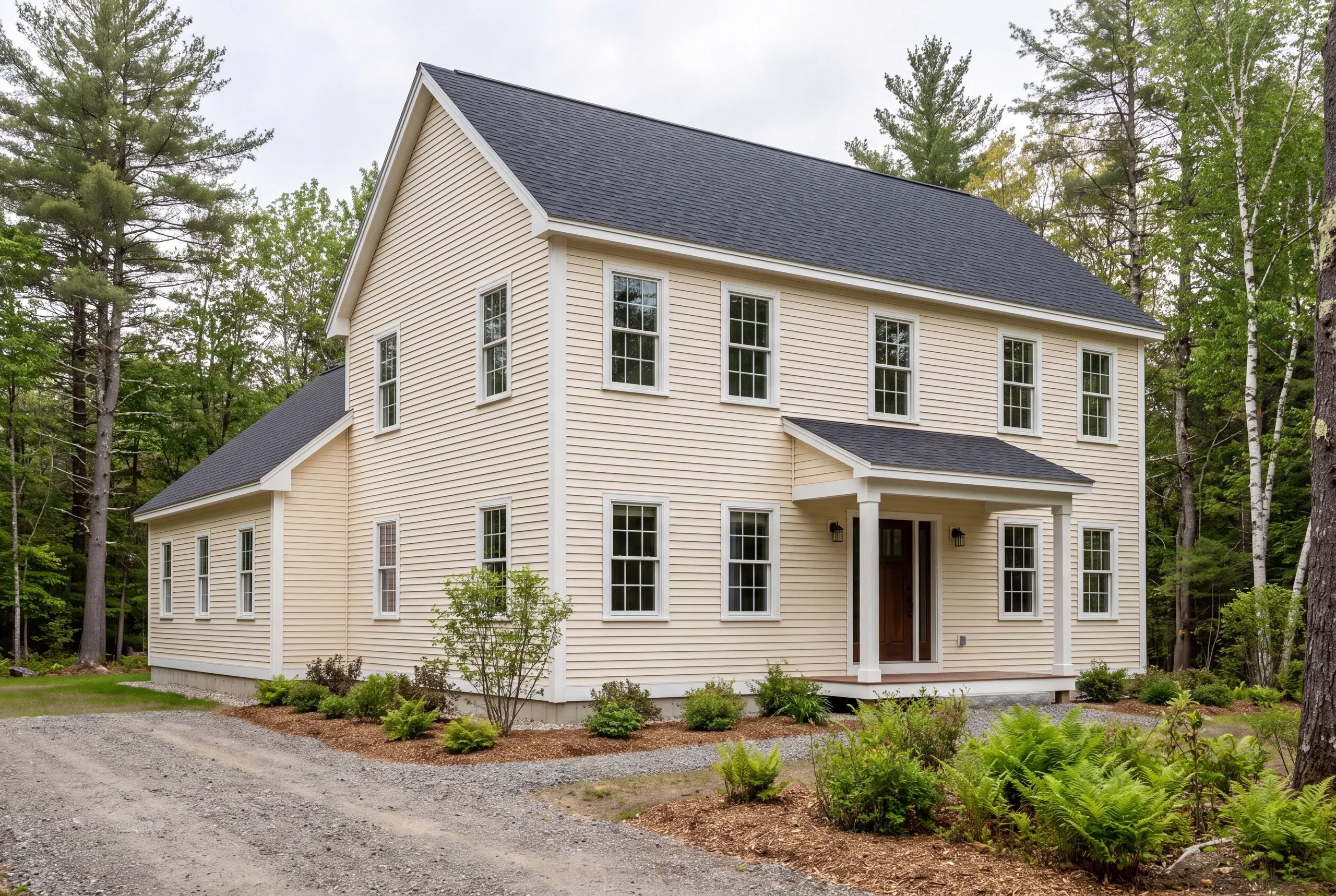 A two-story light yellow house with white trim and a dark roof stands surrounded by trees and greenery.