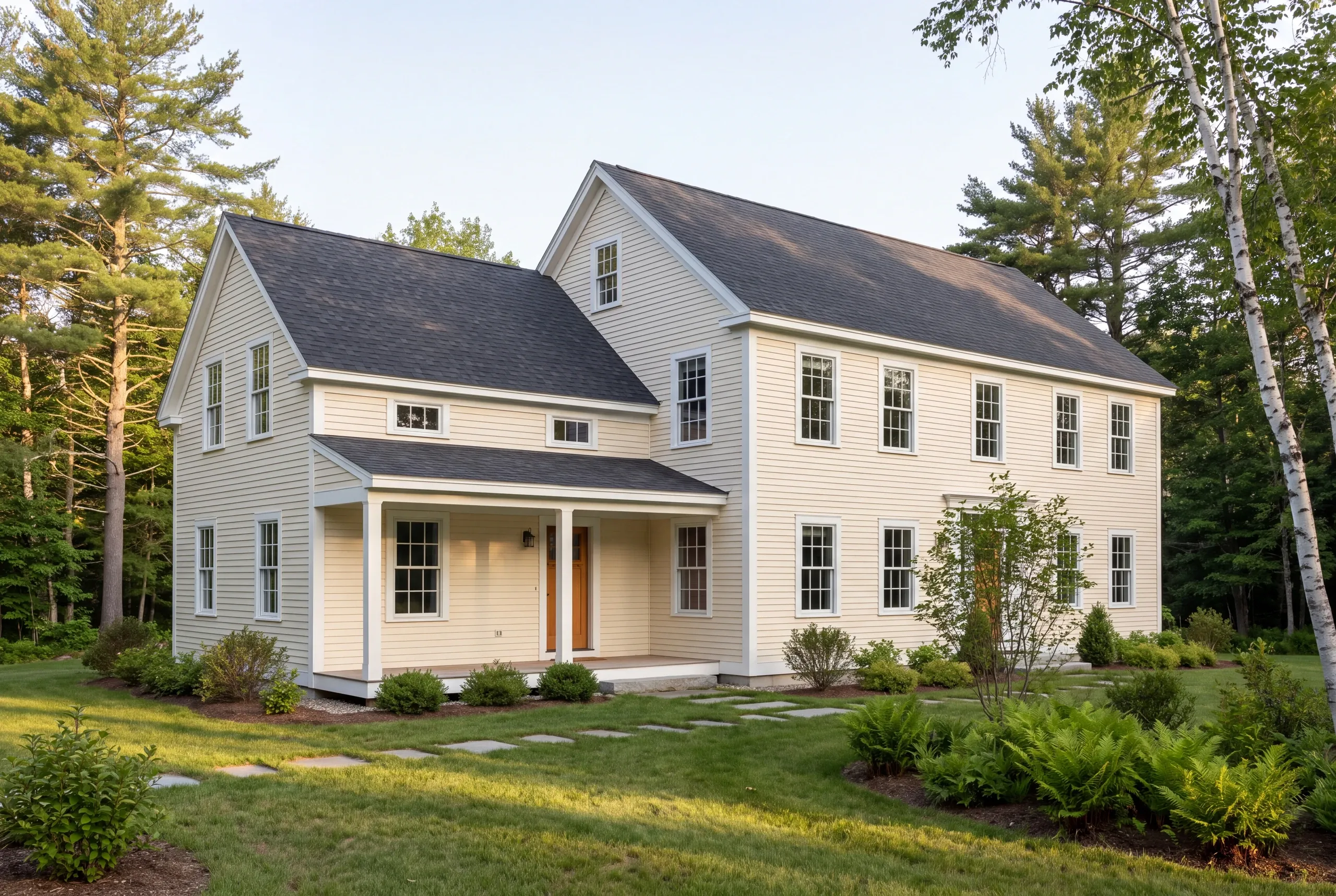 A two-story light yellow house with white trim and a shingled roof surrounded by trees and greenery.