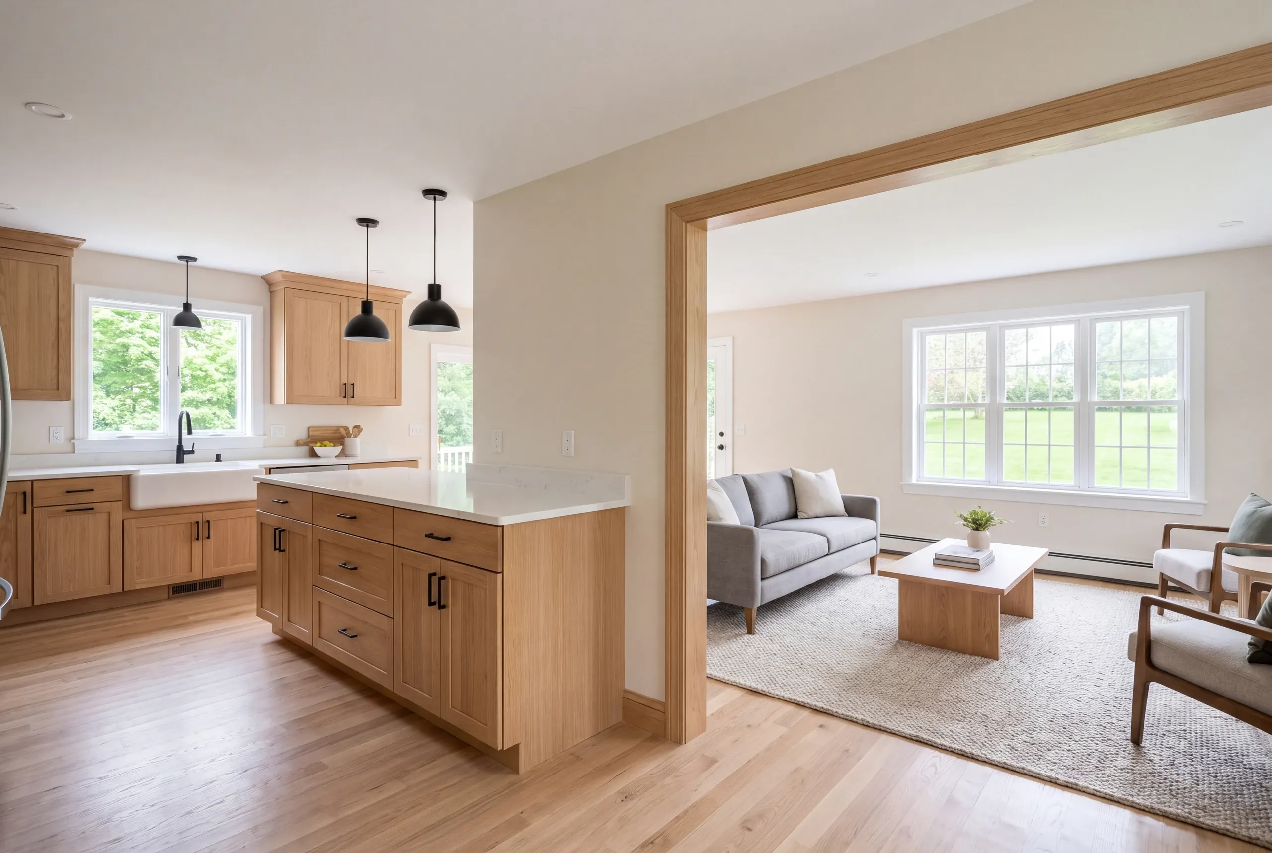 A newly remodeled kitchen with light wood cabinets and an island opens into a finished living room featuring a grey sofa and coffee table.