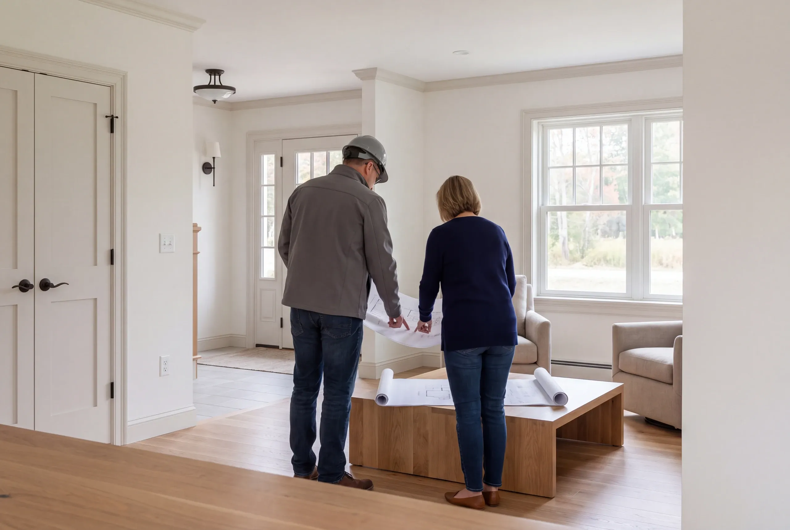 Two adults stand seen from behind reviewing blueprints spread across a wooden coffee table in a finished interior space.