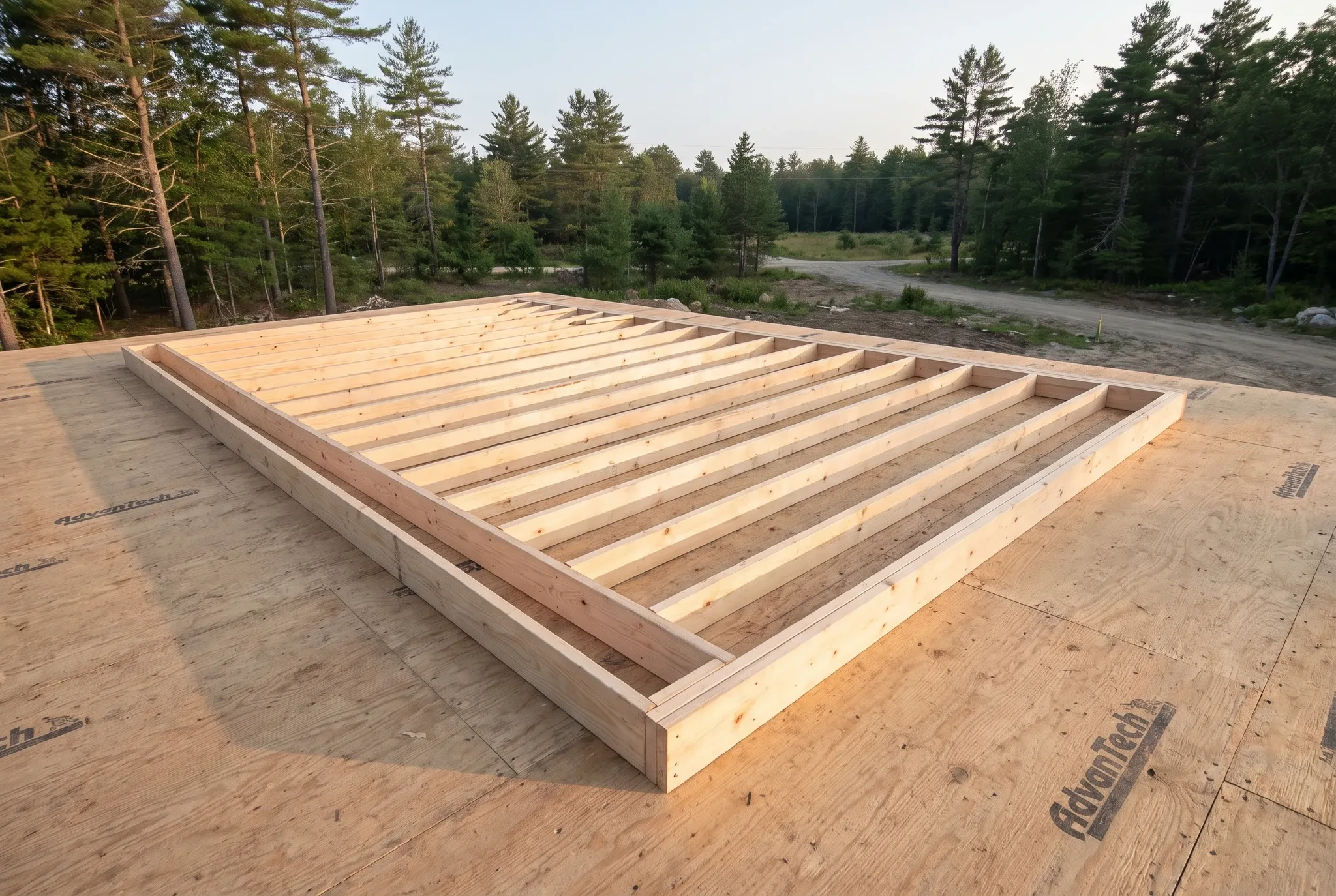 A rectangular wooden wall frame lies flat on a subfloor surrounded by trees and a dirt road.