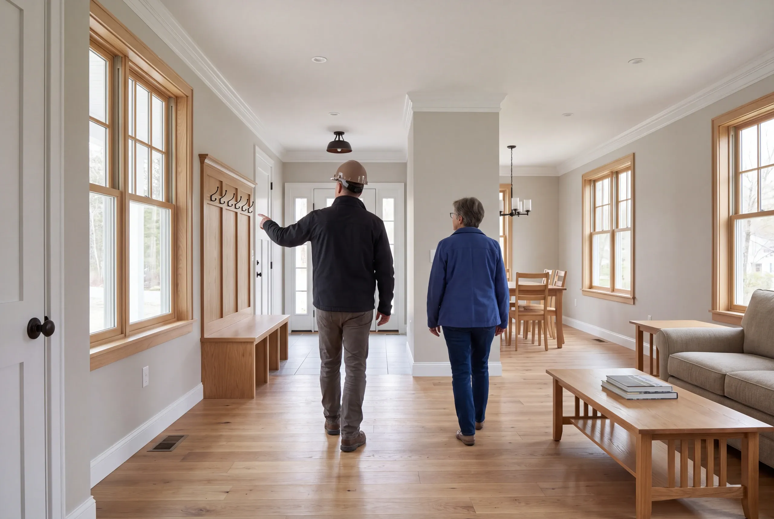 Two adults seen from behind walking through a finished living and entryway space with hardwood floors and wooden trim.