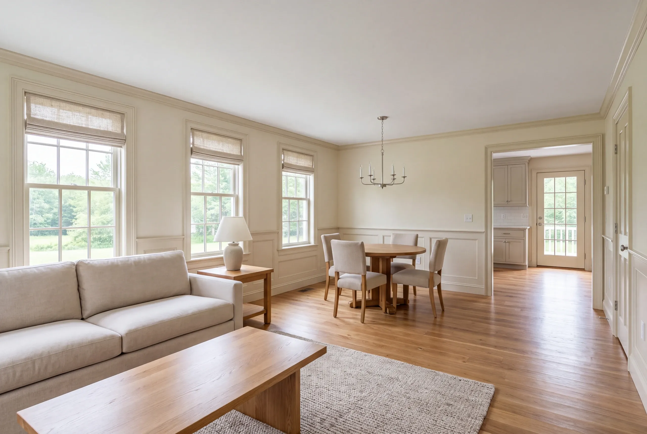 Interior living and dining room with a sofa, wooden coffee table, dining table and chairs, and a view into an adjacent kitchen.