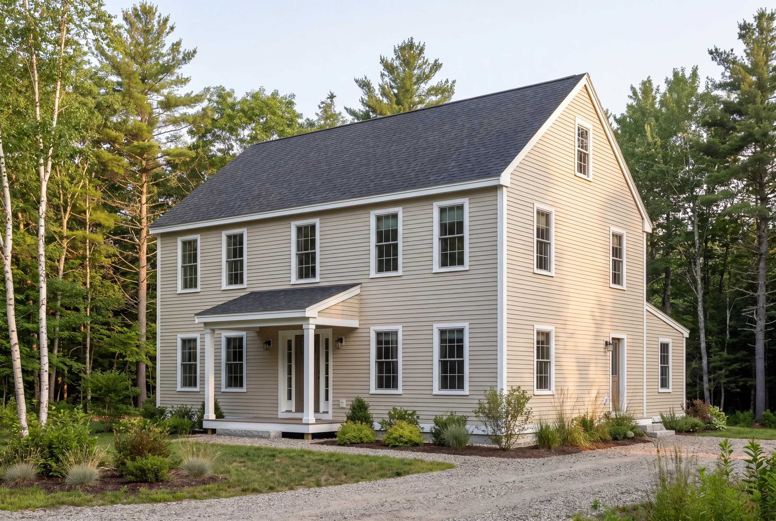 A two-story light yellow-beige clapboard house with a dark shingle roof stands among tall green trees.