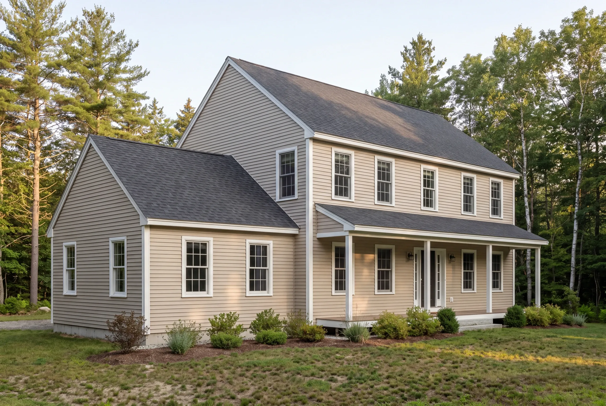 A two-story light beige sided house with a shingled roof and attached addition is surrounded by trees and a lawn.