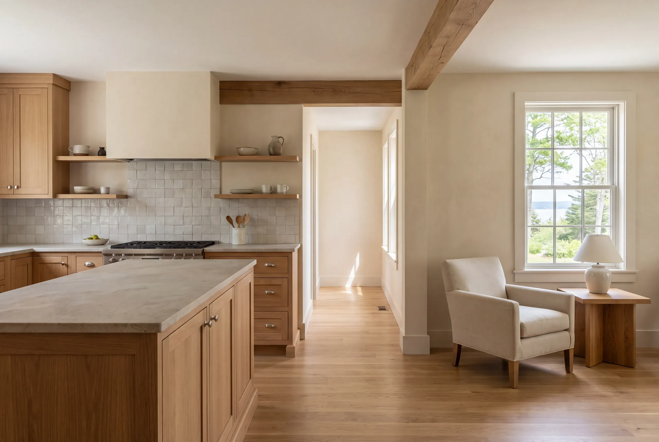 Interior view showing a newly remodeled kitchen with light wood cabinets opening into a finished living space with an armchair and a window.