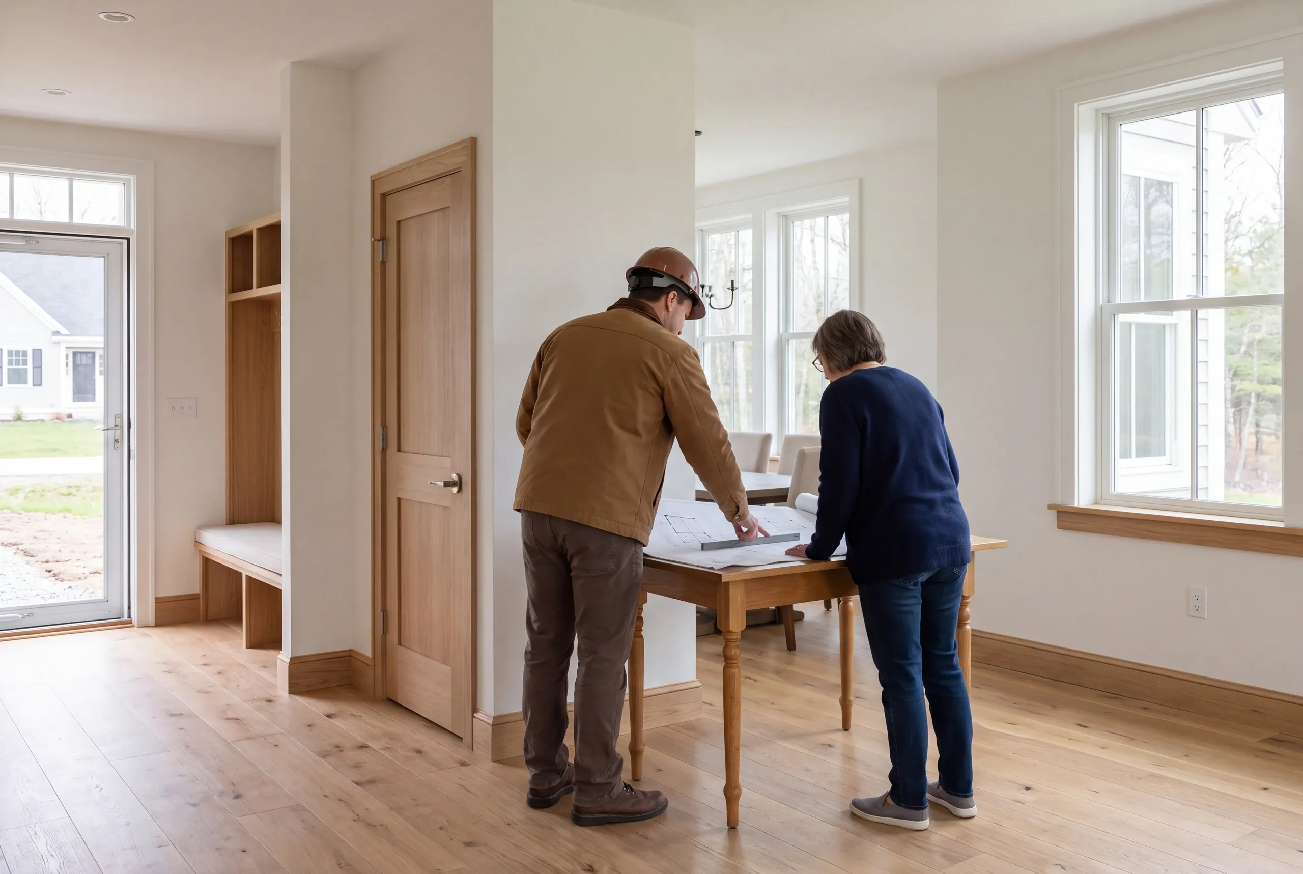 Two adults reviewing architectural plans on a wooden table inside an empty room with hardwood floors and large windows.