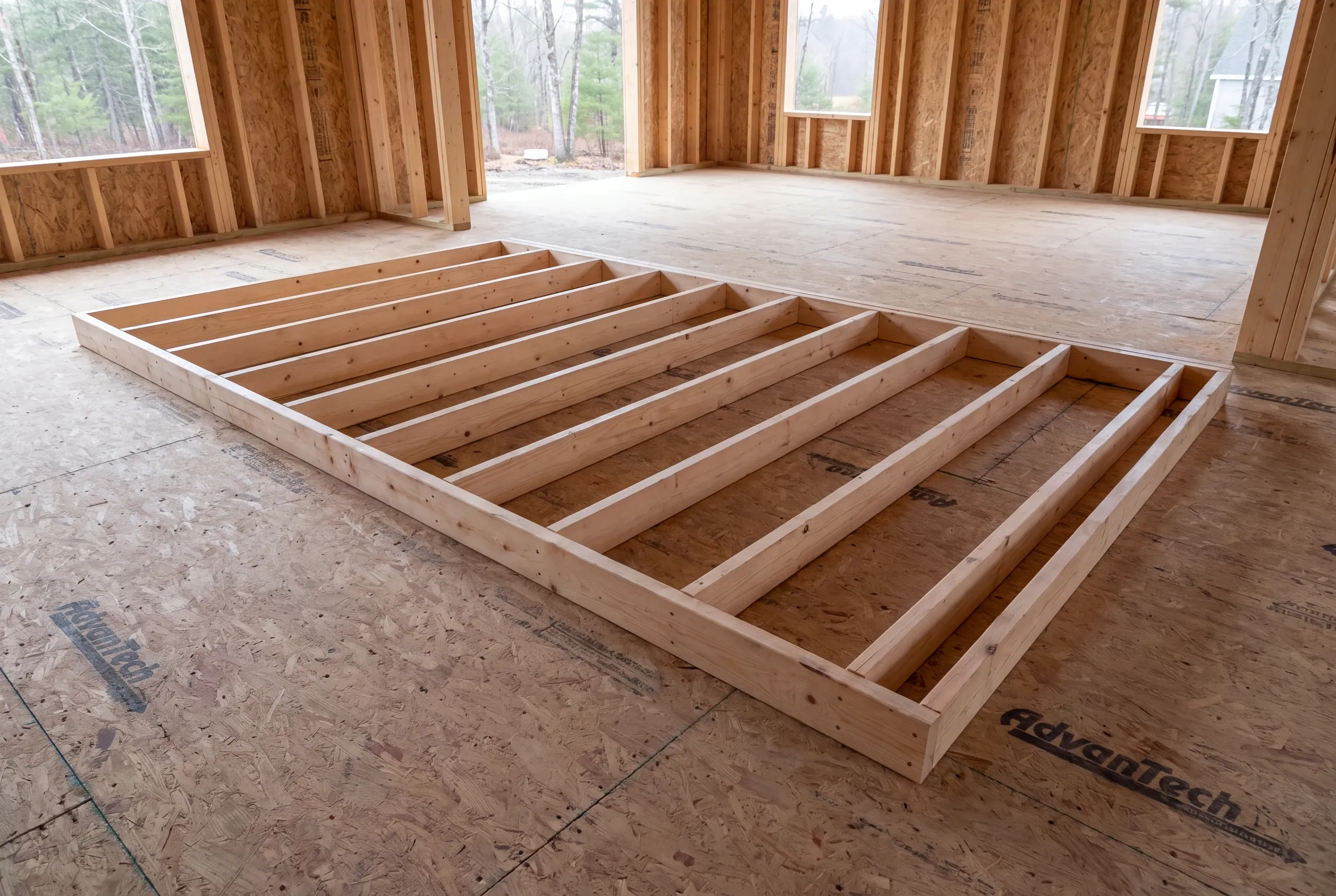 A newly constructed wooden interior wall frame lies flat on a subfloor inside a house under construction.
