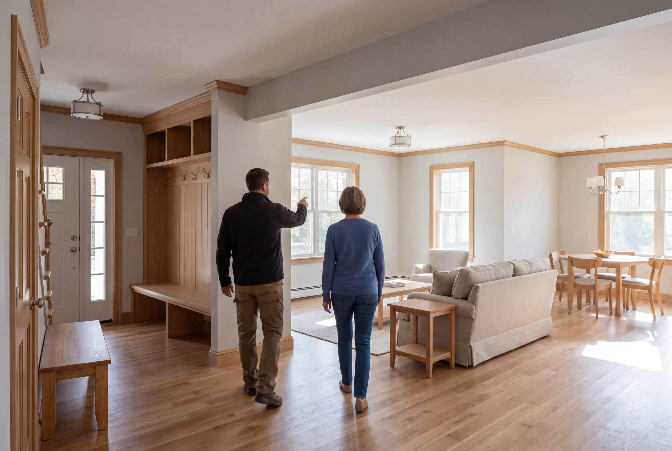 Two adults seen from behind walking through a furnished open-concept home interior with a wooden entry bench, living area, and dining space.