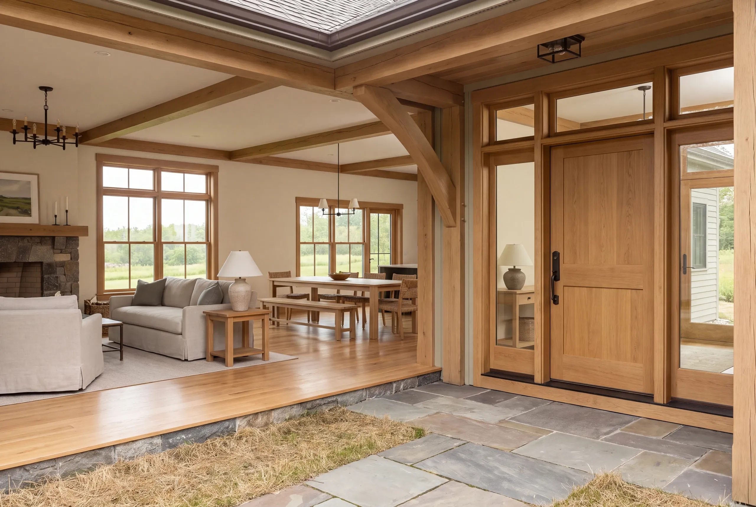 A view looking from an outdoor stone patio into an open-concept interior featuring an entryway, living room with a sofa and stone fireplace, and a dining space with a wooden table.