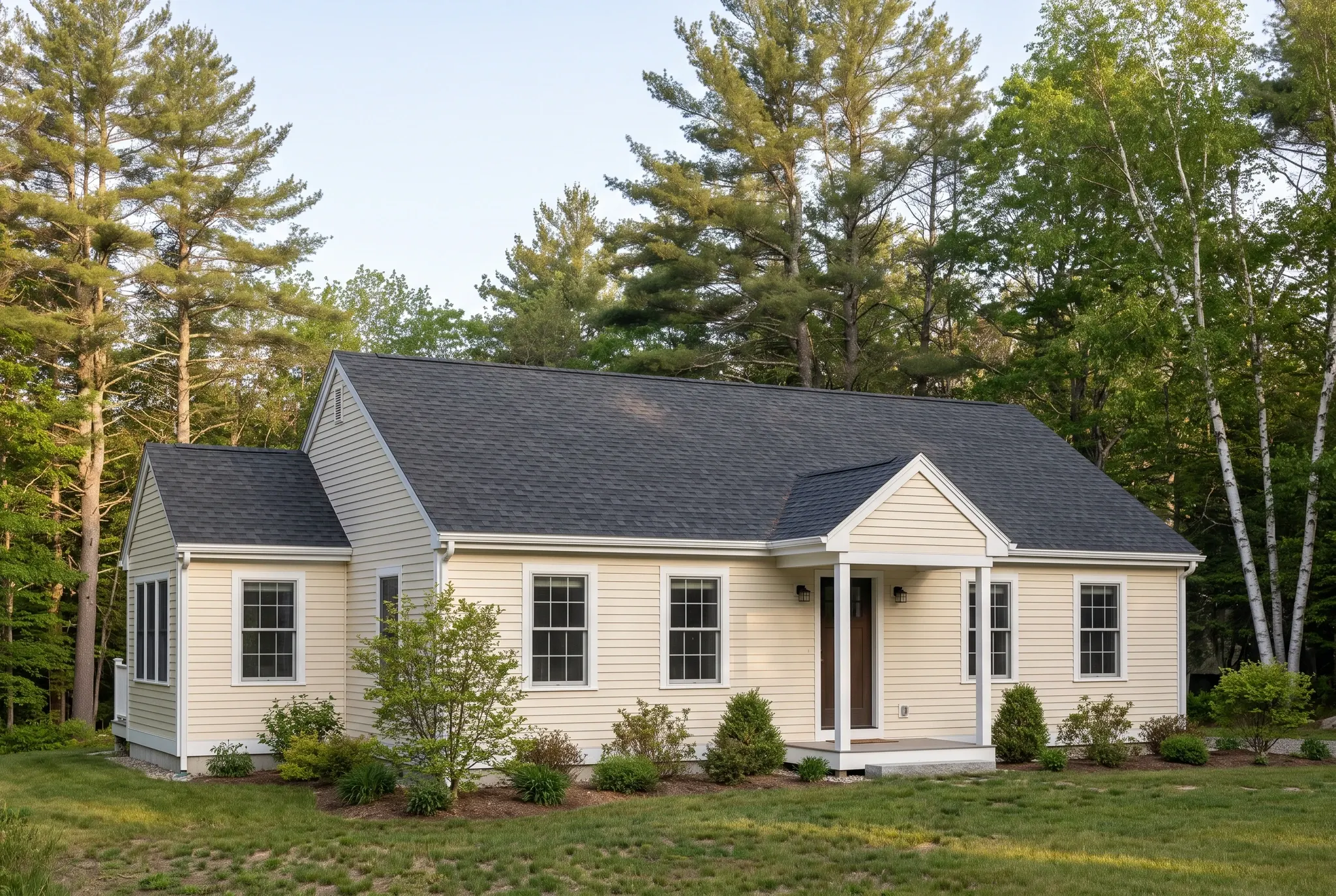General contractor in Woolwich, ME: a one-story yellow sided home with a dark shingle roof and white trim is surrounded by trees and green lawn.