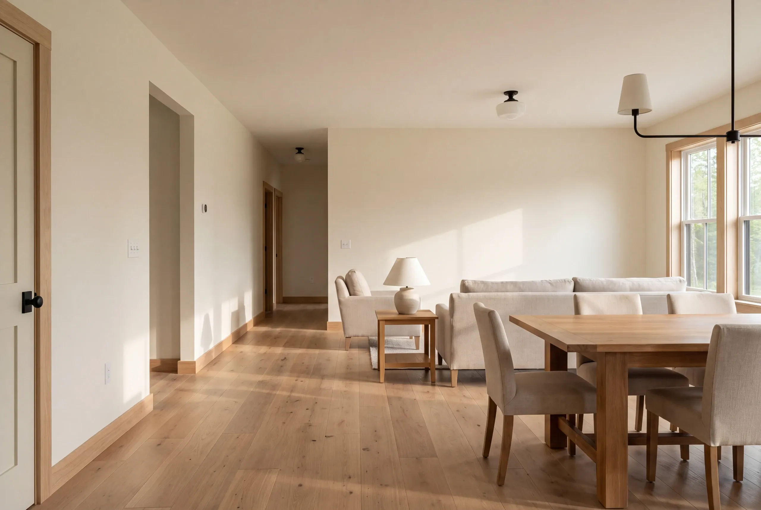 A finished dining and living area features a wooden table with upholstered chairs, a light sofa, and hardwood floors.