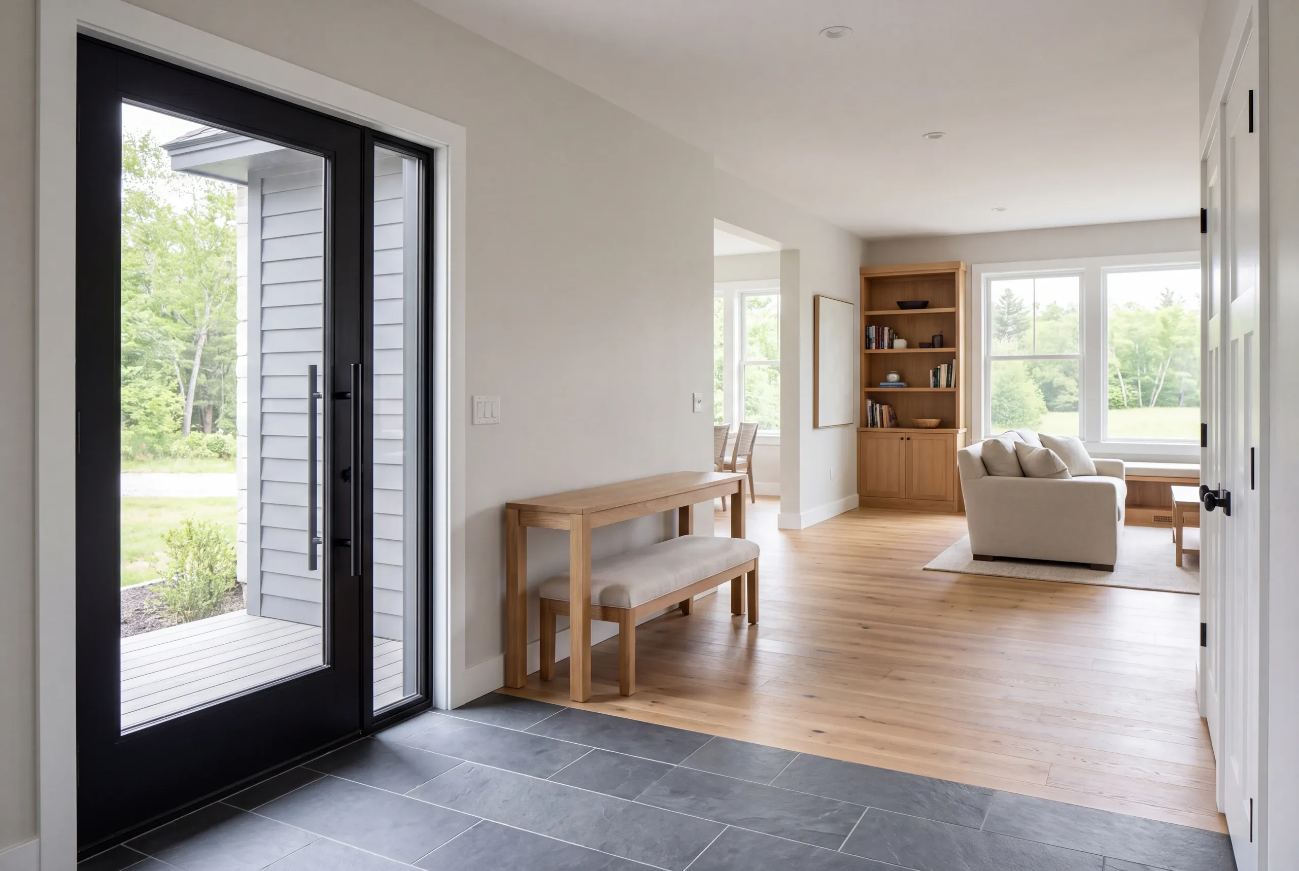 A finished entryway with dark tile flooring, a black front door with glass sidelight, a wooden console table with matching bench, and an open view into a living room with hardwood floors.