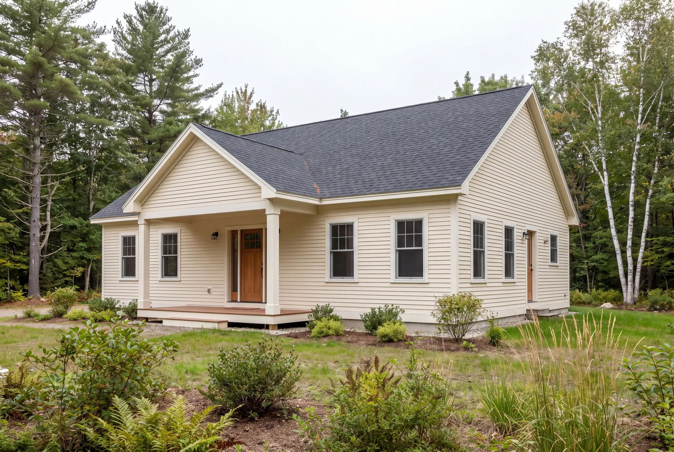 A newly constructed light yellow custom home with a dark shingled roof, covered front porch, and visible side elevation surrounded by trees and grass.