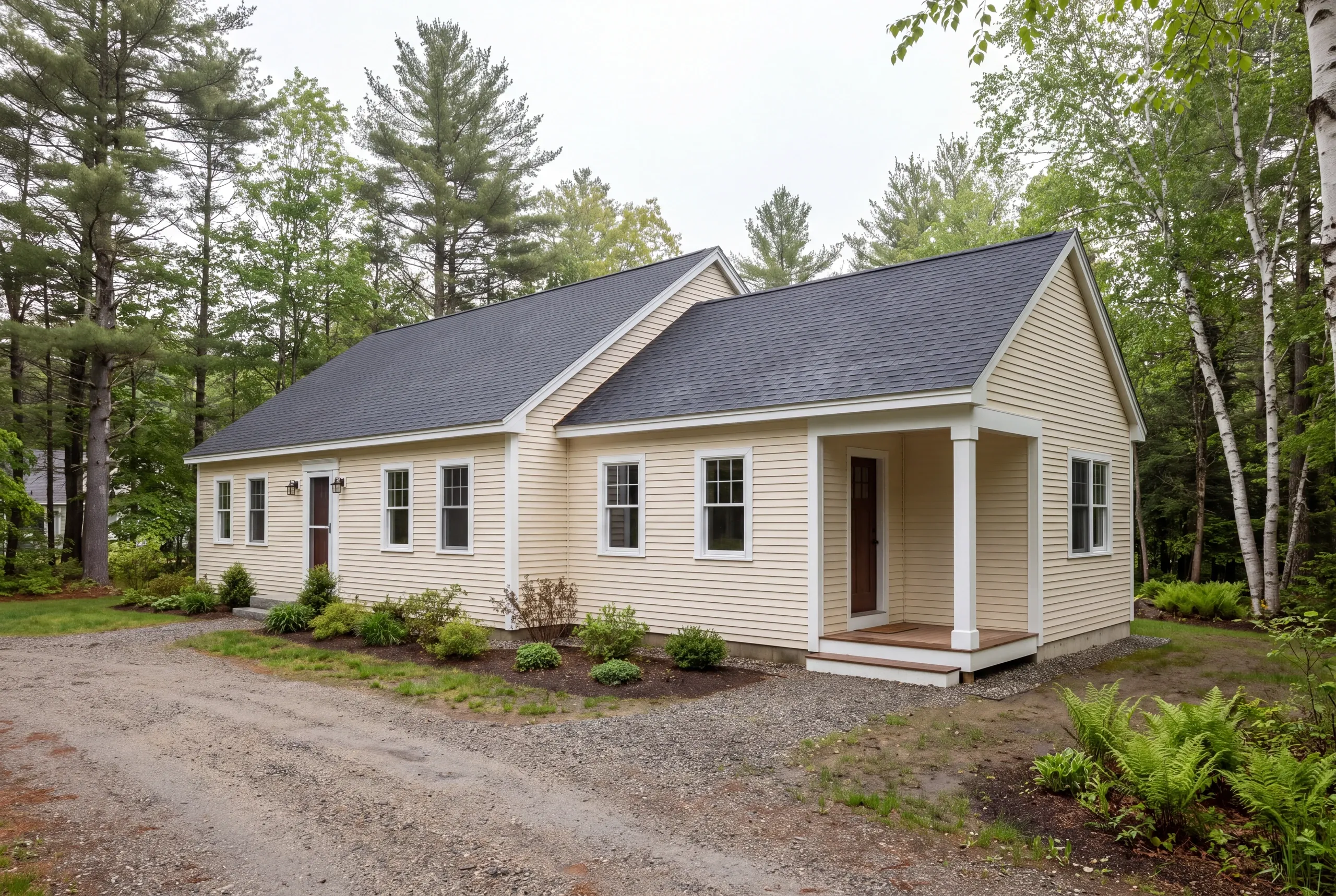 A one-story yellow house with a dark shingle roof, white trim, and a covered porch, situated among trees next to a gravel driveway.