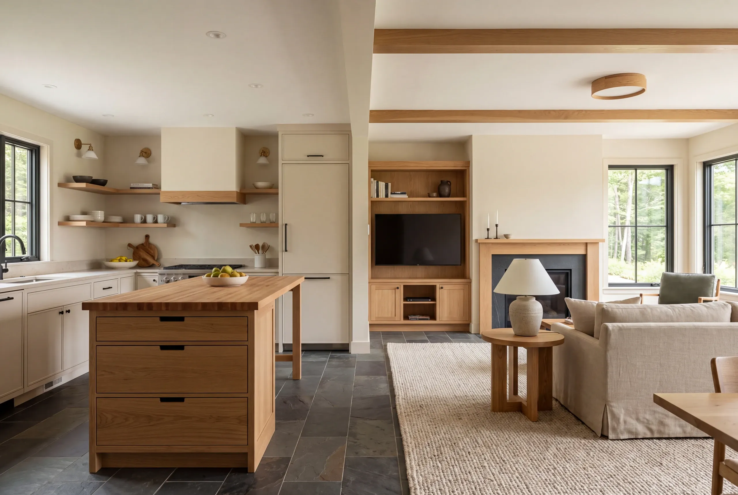 A newly remodeled kitchen with wooden island and open shelving opening directly into a finished living room with a fireplace and sofa.