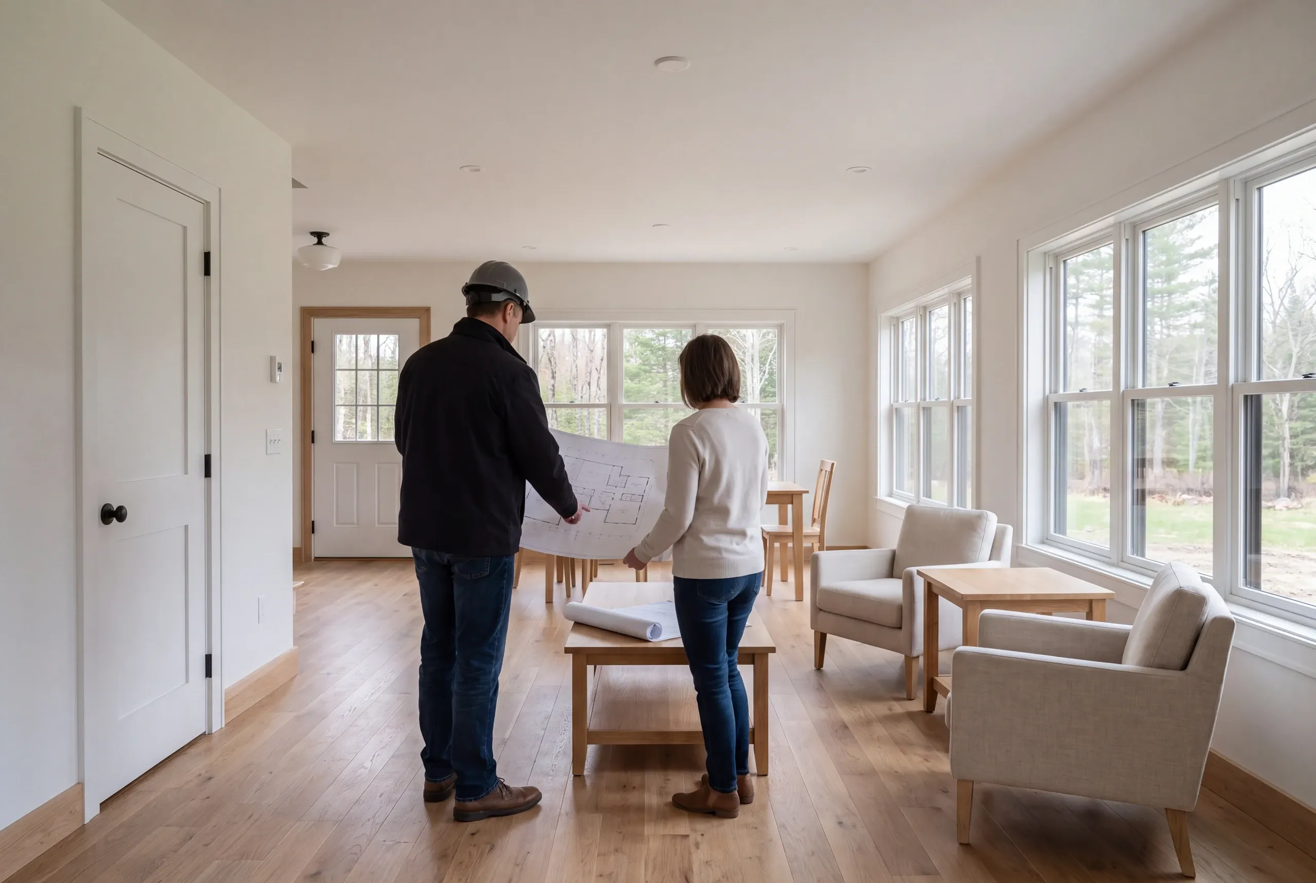 Two people viewed from behind examine a blueprint inside a brightly lit room with wooden floors and large windows.