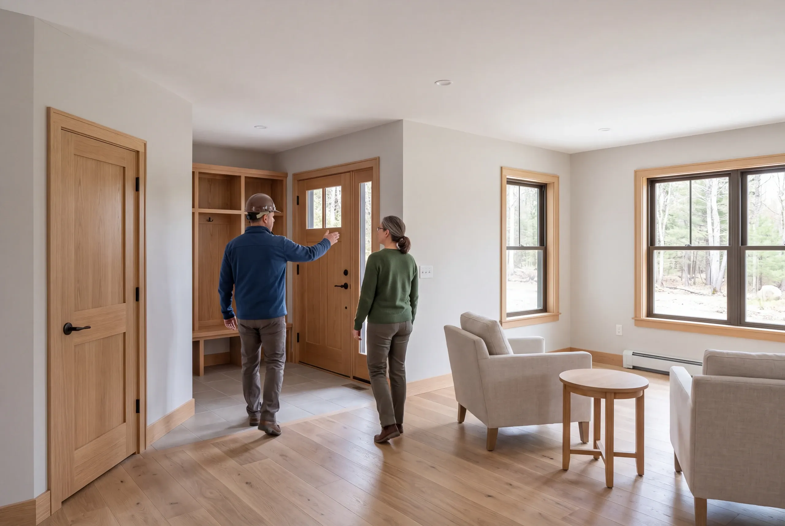 Two adults seen from behind walking in a finished residential interior with wood floors, doors, and armchairs.