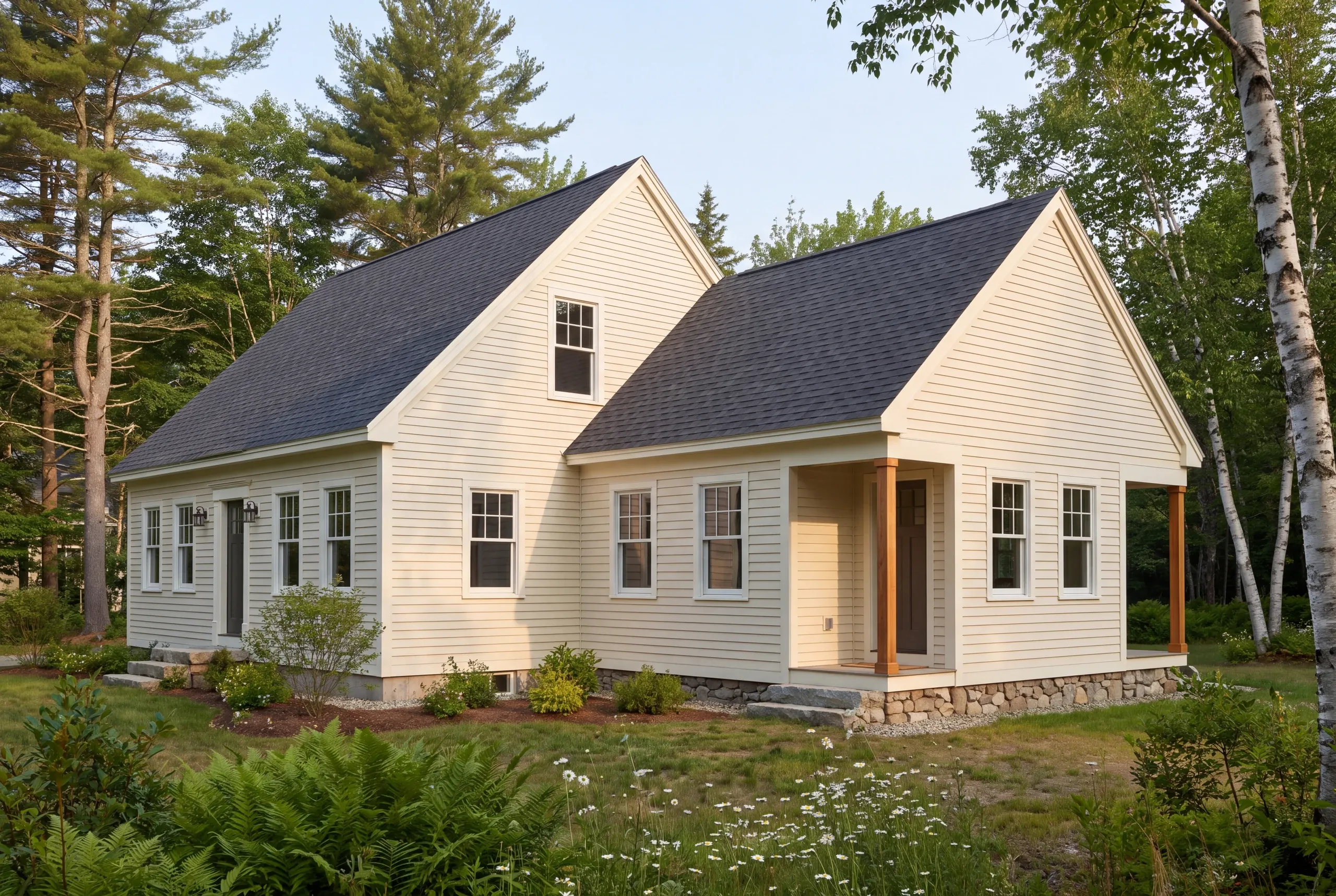 Exterior view of a multi-gabled house with light yellow siding and a dark shingled roof surrounded by trees and greenery.