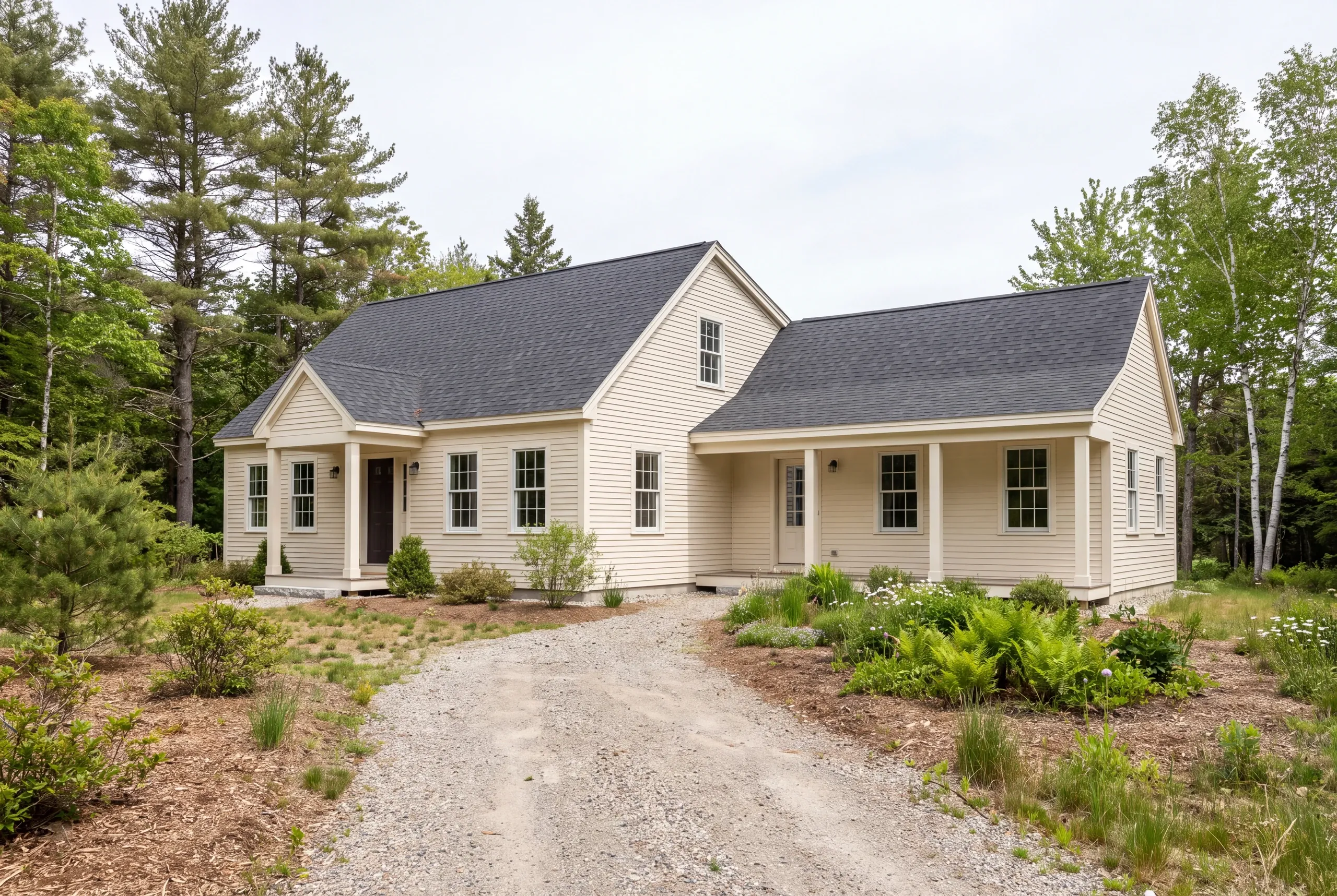 Exterior view of a beige single-story house with a shingled roof, a covered porch, and a gravel driveway surrounded by trees and landscaping.
