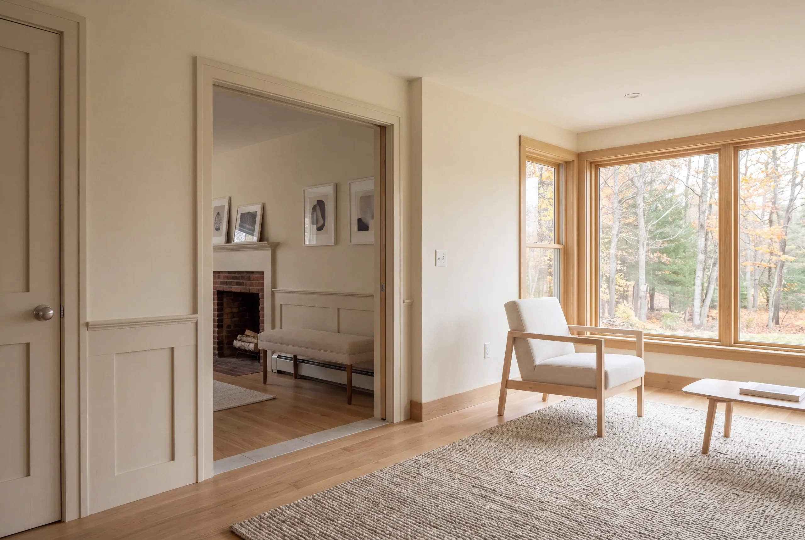A finished room with wooden flooring and a large window looks through an open doorway into an adjacent room featuring a fireplace and wainscoting.