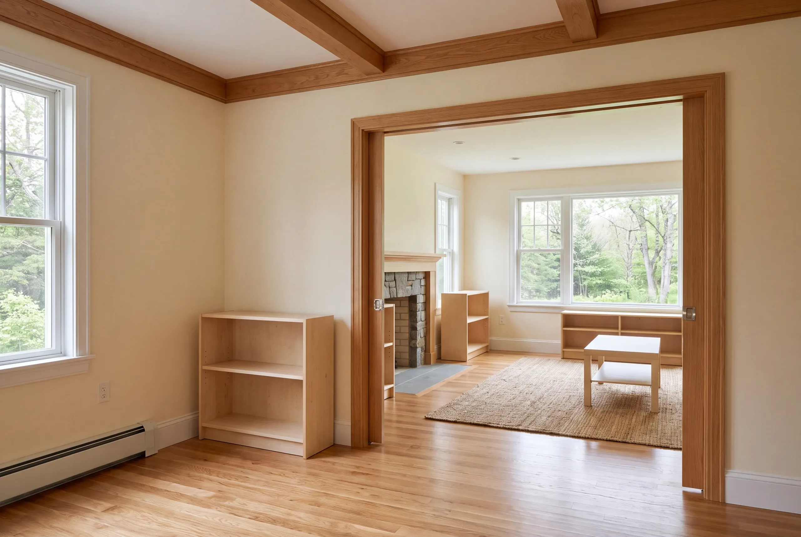 Interior view showing a finished room with wooden floors, a large doorway opening into an adjacent family room with a stone fireplace, and light-colored walls with wooden trim.