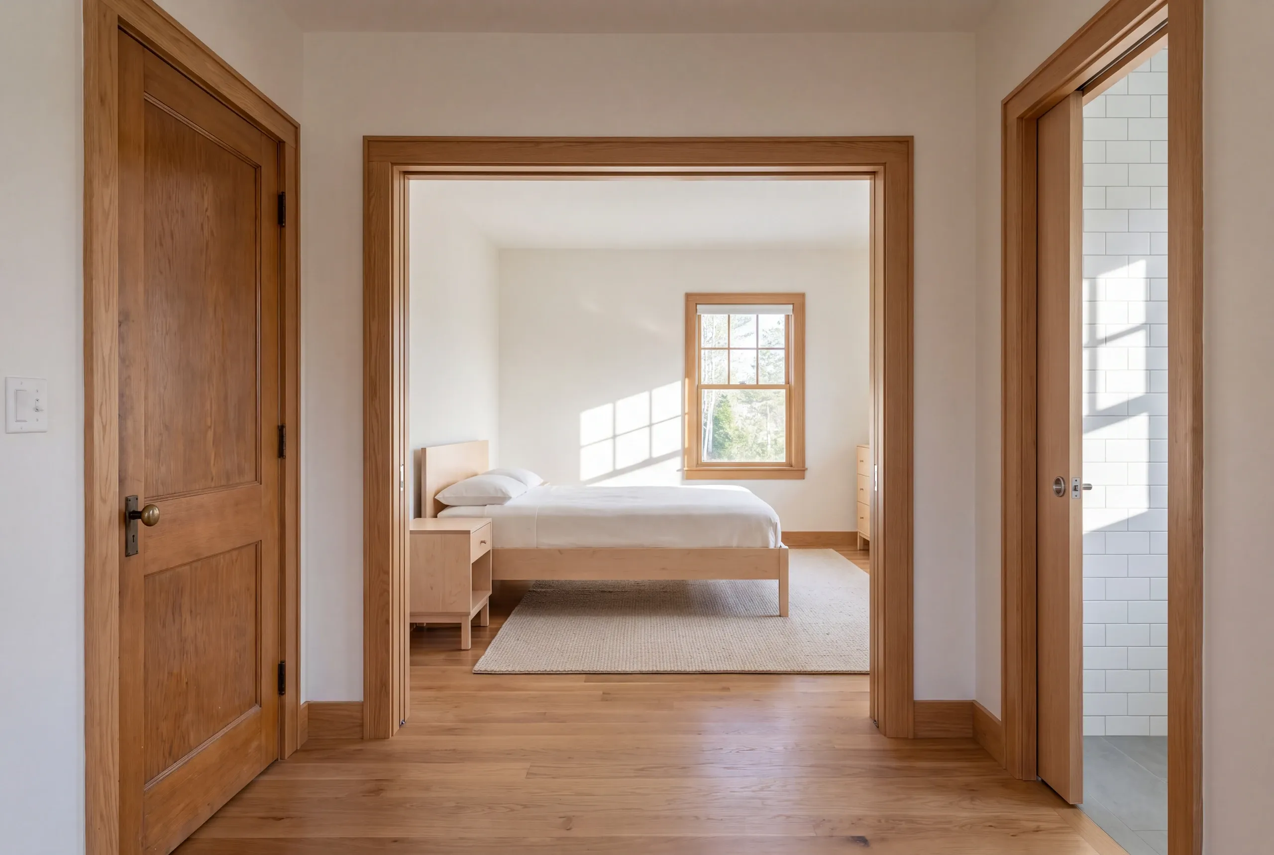 A hallway view shows a doorway leading to a furnished bedroom suite with a bed, nightstand, and window.