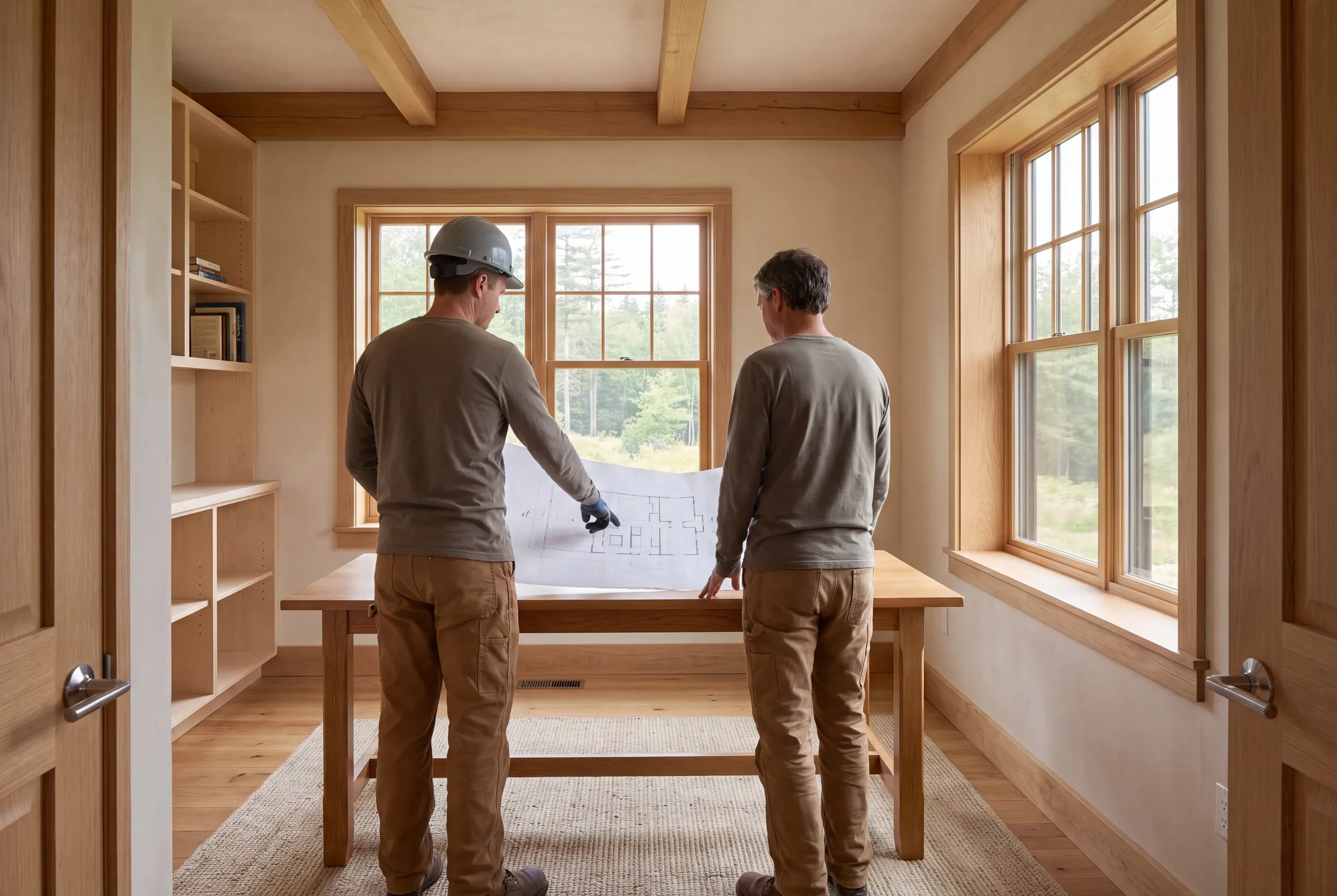 Two men stand at a wooden table in a well-lit room, looking down at a large architectural drawing.
