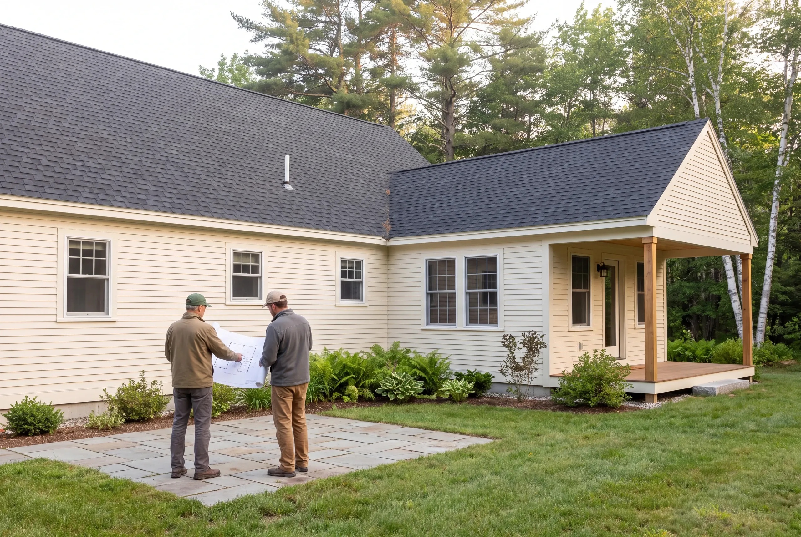 Two adults stand outdoors on a stone patio examining a large architectural blueprint in front of a yellow-sided house with a dark shingled roof.