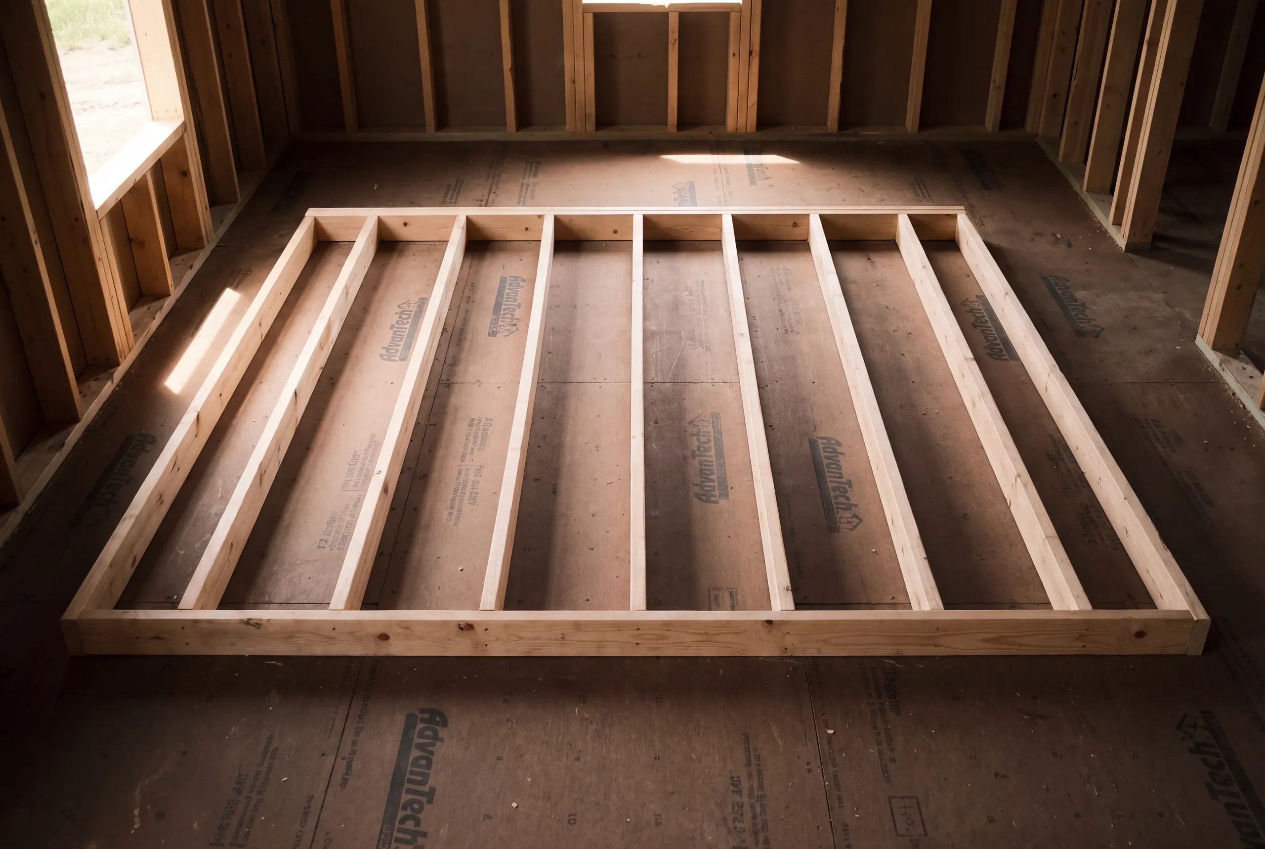 A wooden wall frame lies flat on a subfloor inside a room under construction.